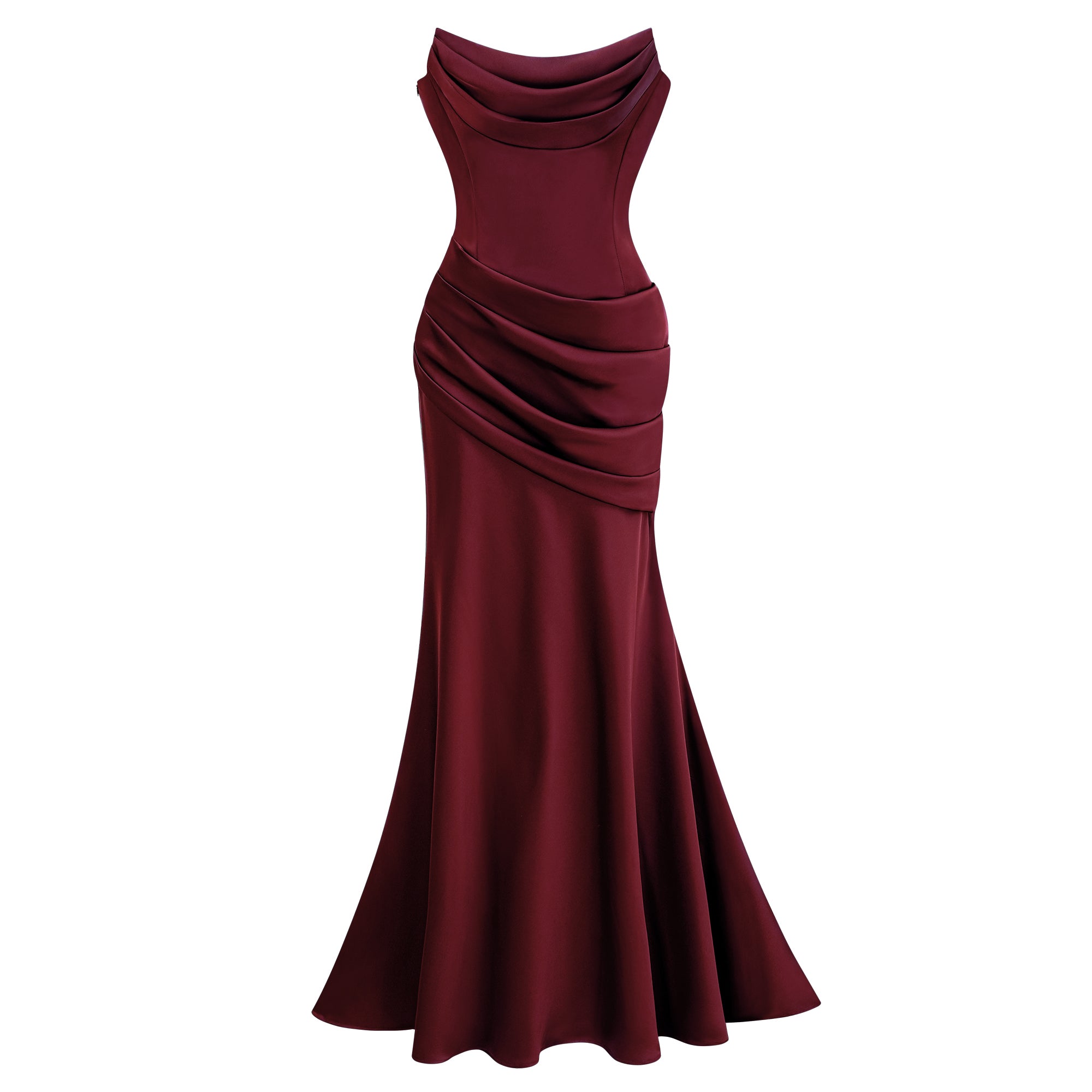 Burgundy strapless satin gown with gloves