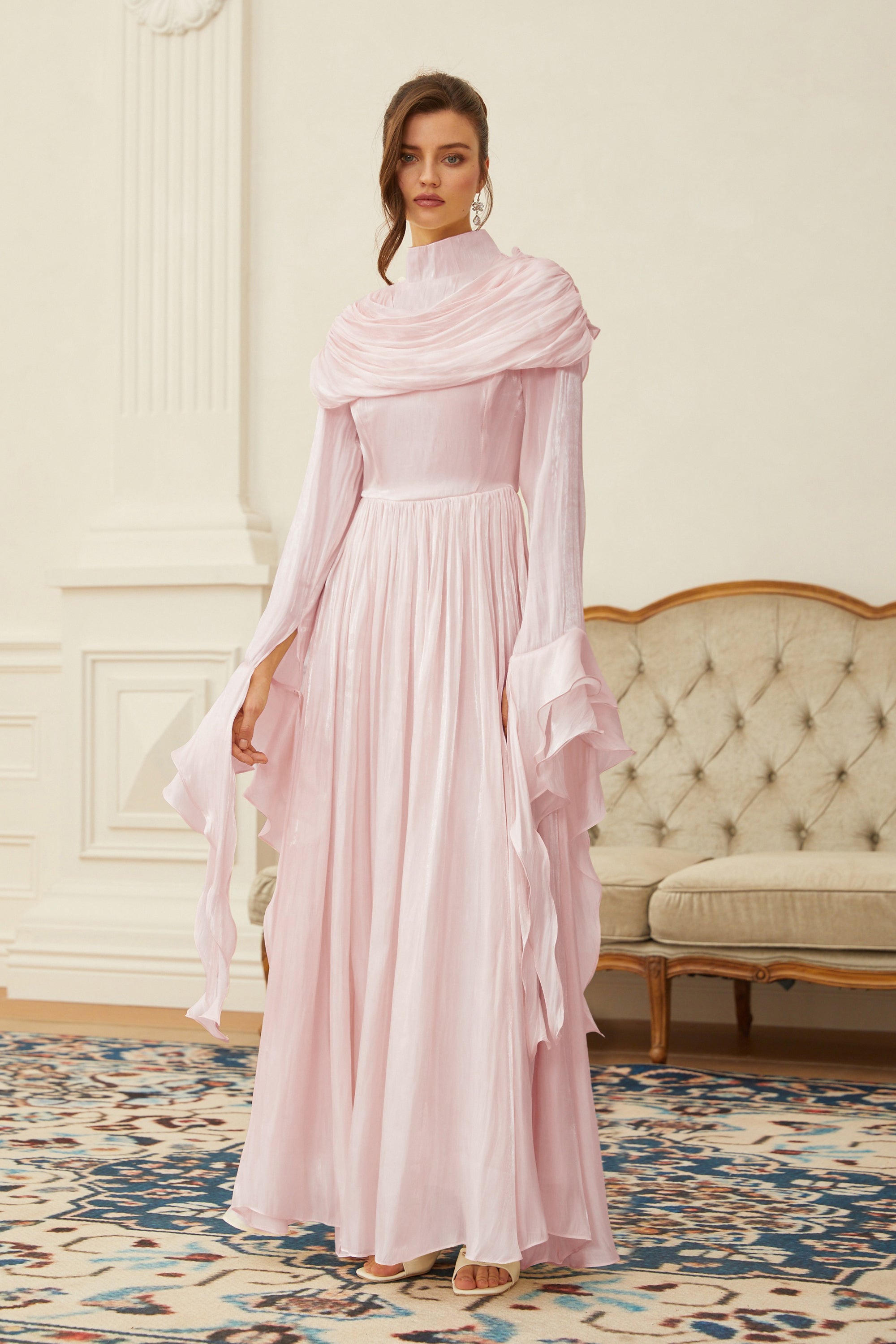 Robe longue plissée à volants Danuta rose