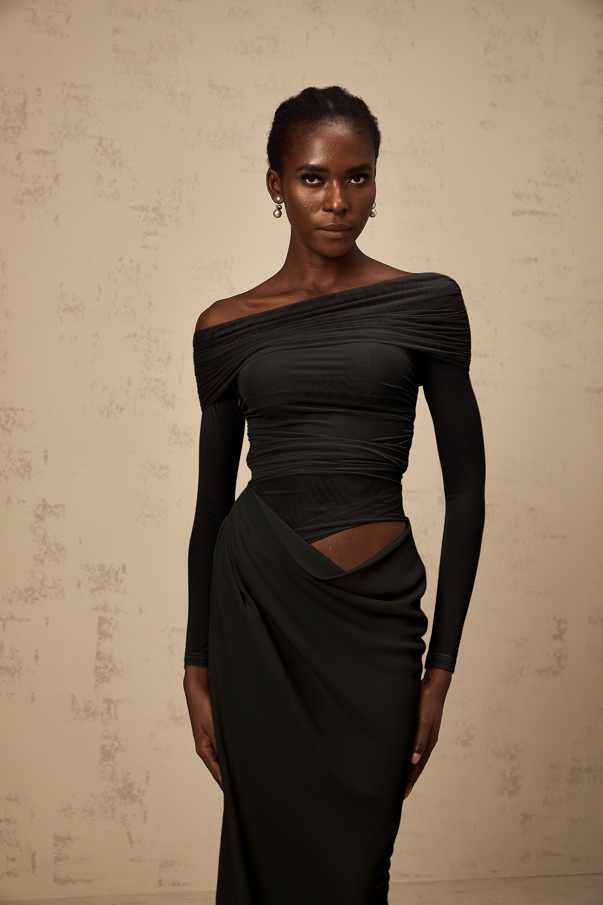 Estelle off-shoulder semi-sheer midi dress in Black (Final Sale-US Only)