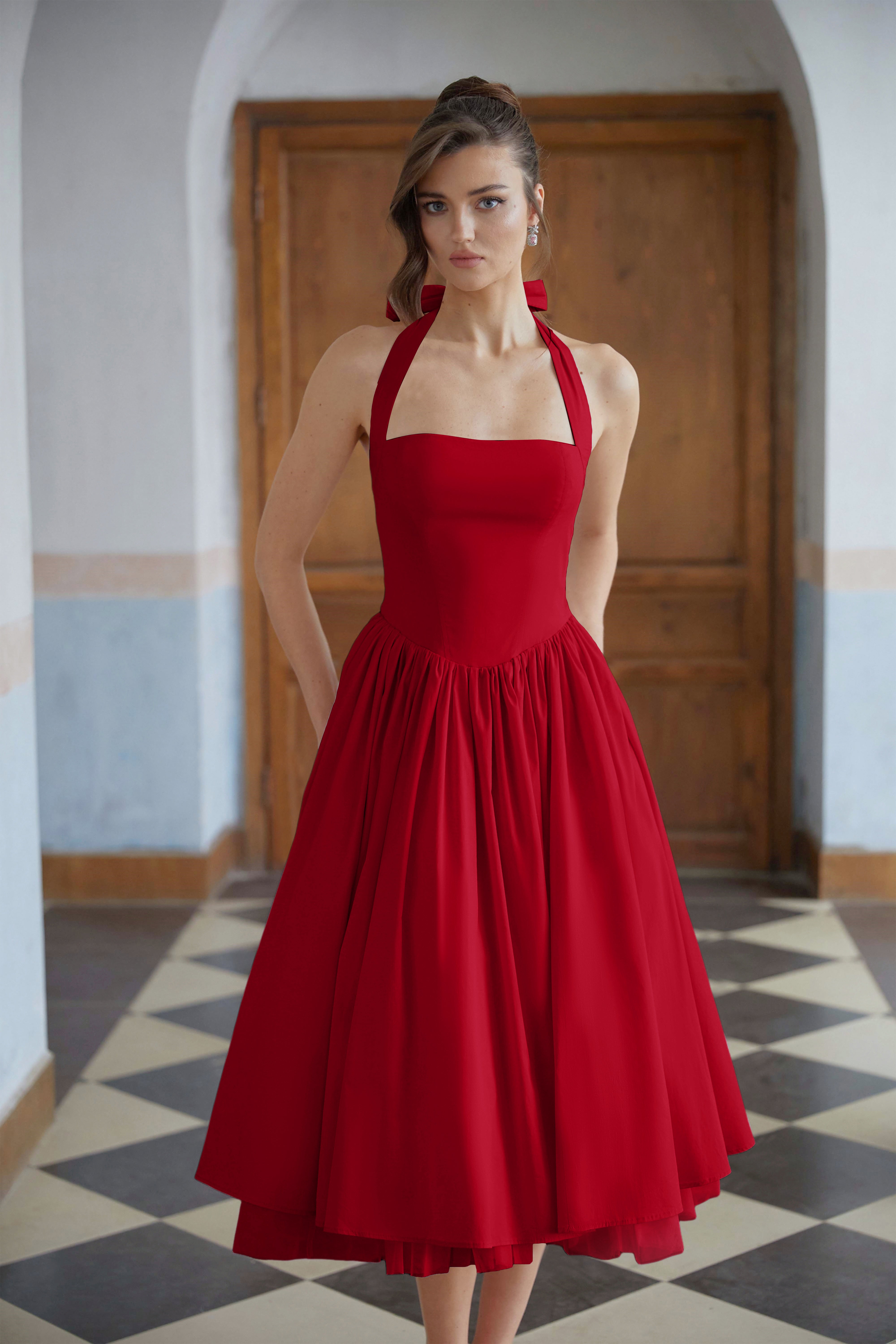 Eponine Red Layered Flared Hem Midi Dress (Final Sale)