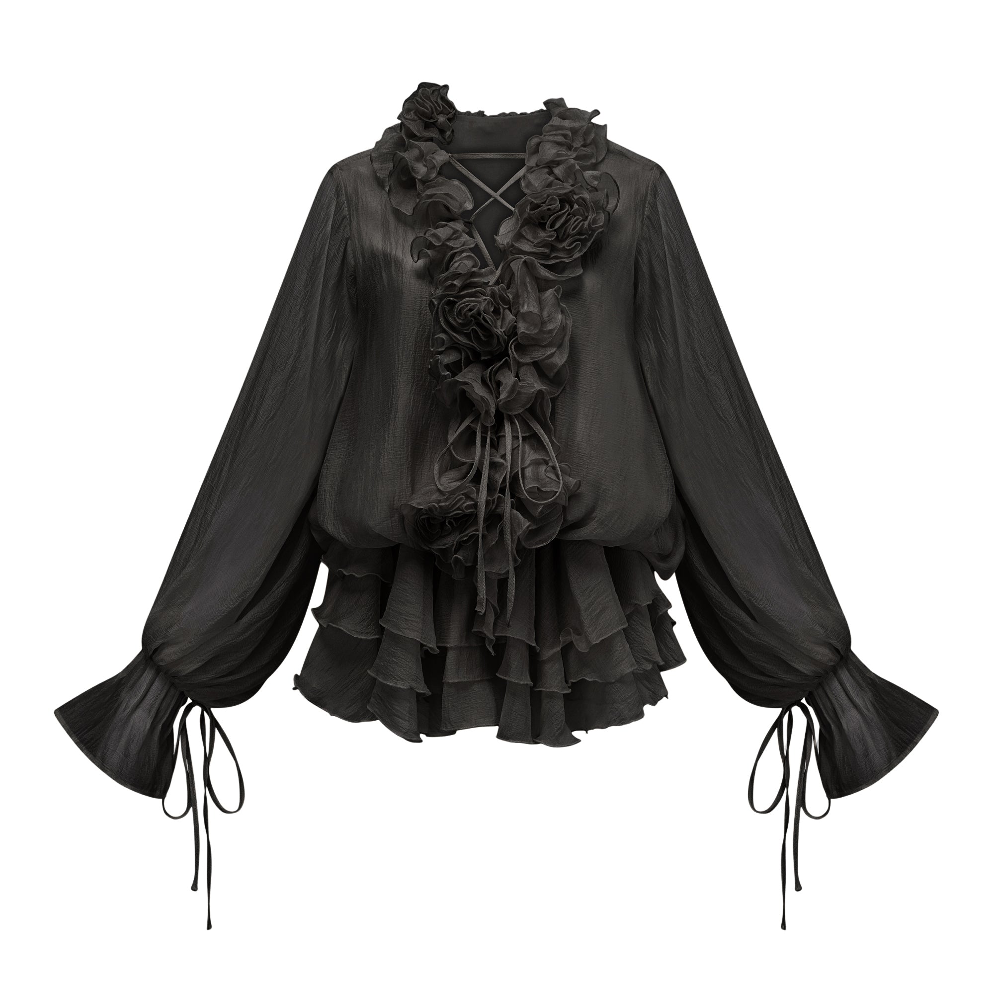 Mini-robe Zéphyrine à volants et motifs floraux appliqués, couleur noire (Vente définitive - États-Unis uniquement)