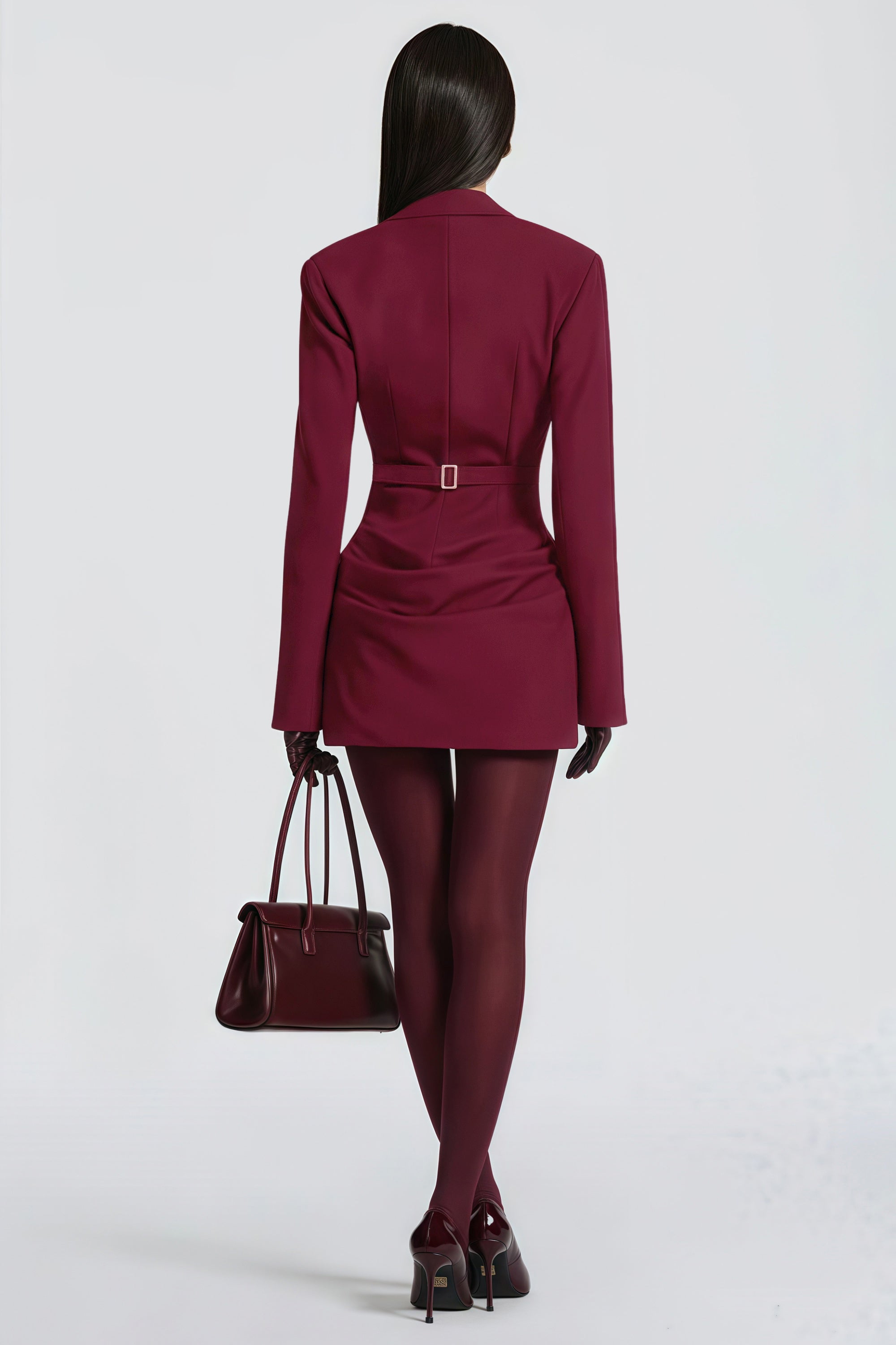 Burgundy long-sleeve blazer mini dress with a draped skirt