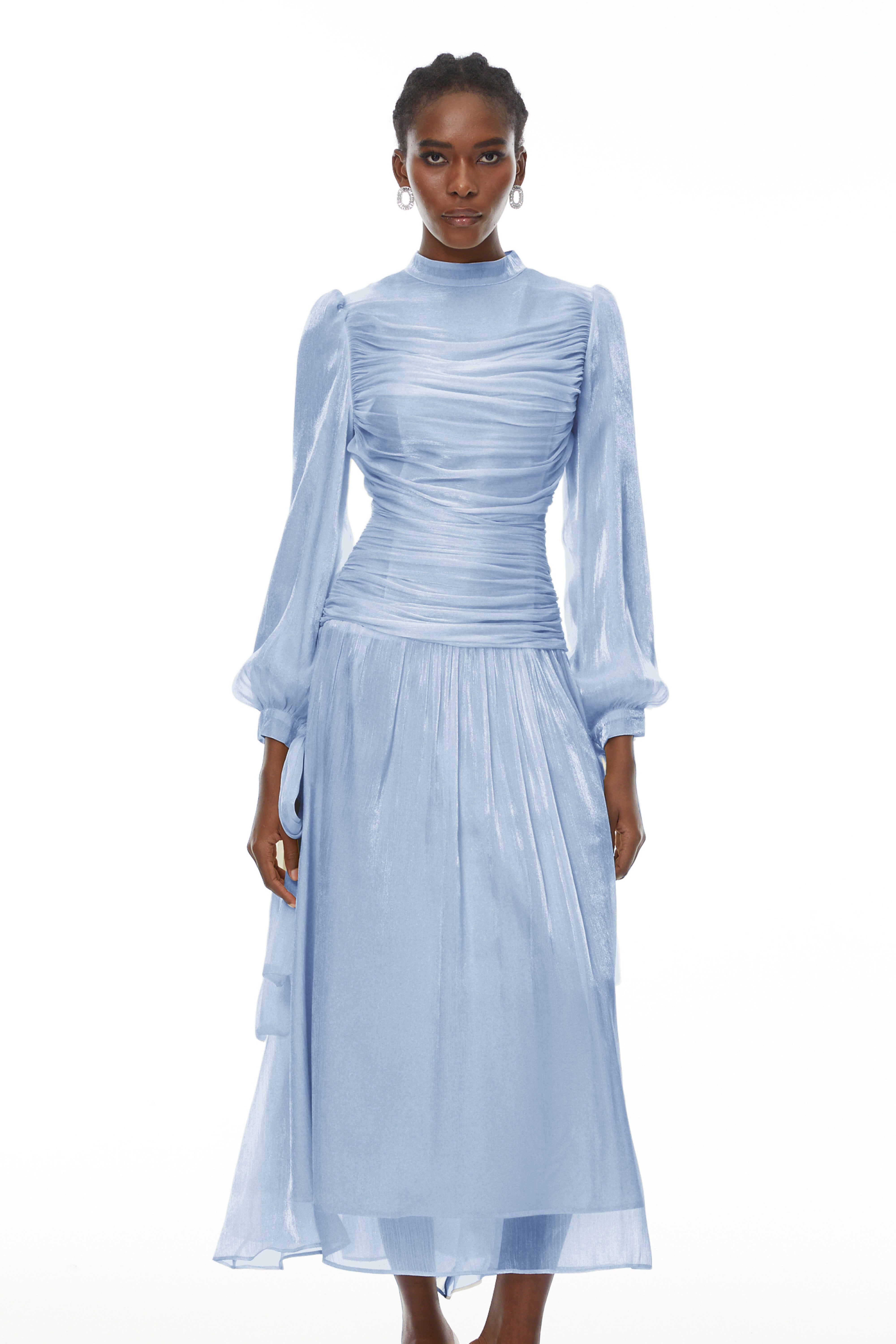Katrín Blue Glossy Gathered Maxi Dress (Final Sale-US Only)