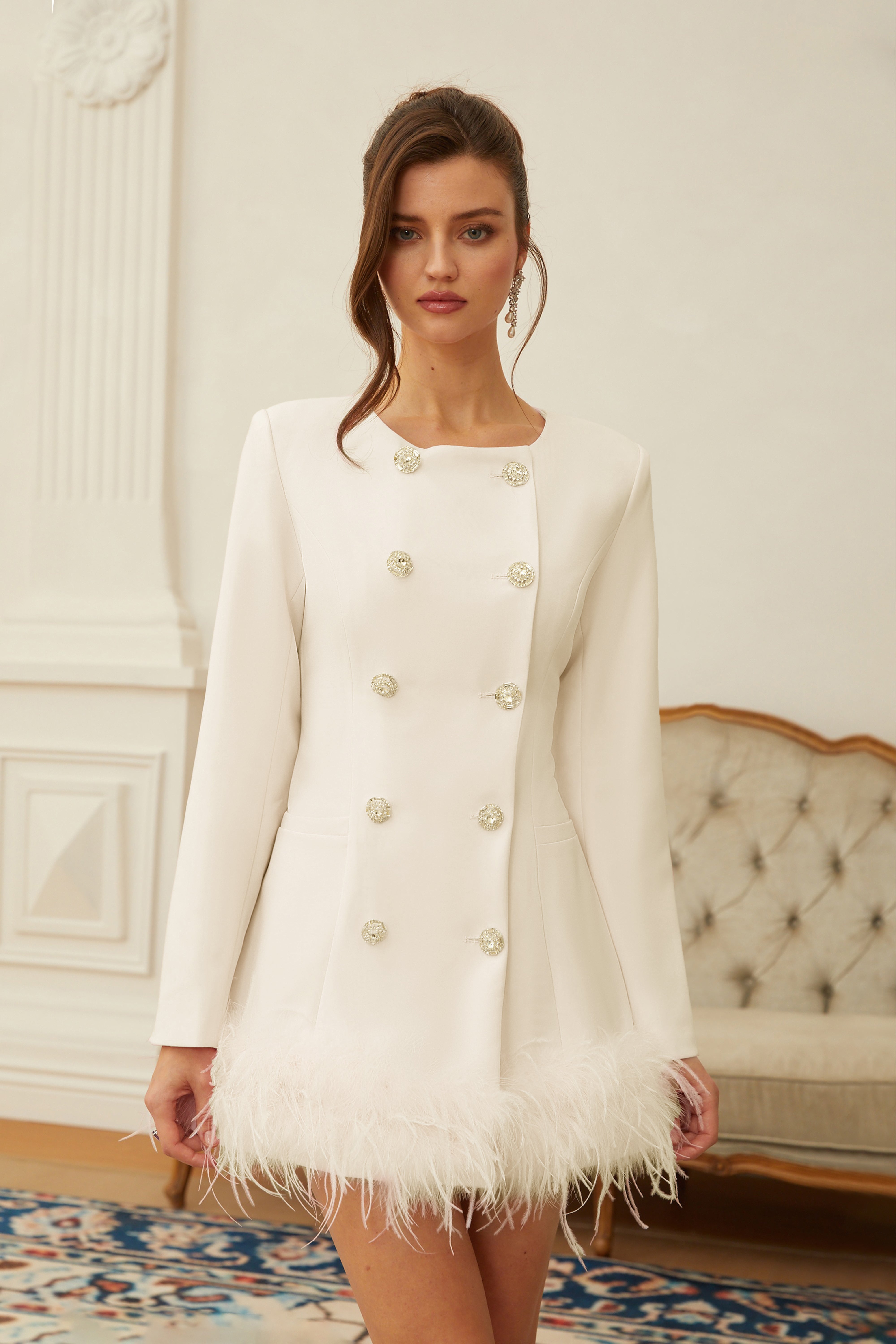 Freja White Feather Trim Mini Blazer Dress (Final Sale)