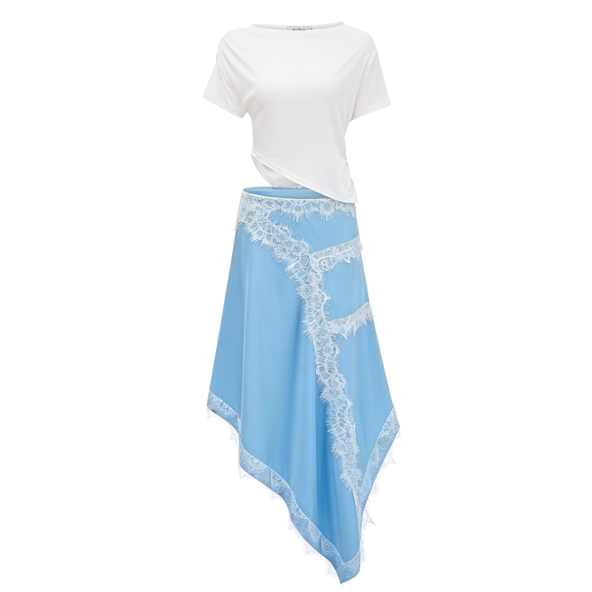 Asymmetrical Blue Silk Maxi Skirt with White Lace Trim and White Draped Crop Top