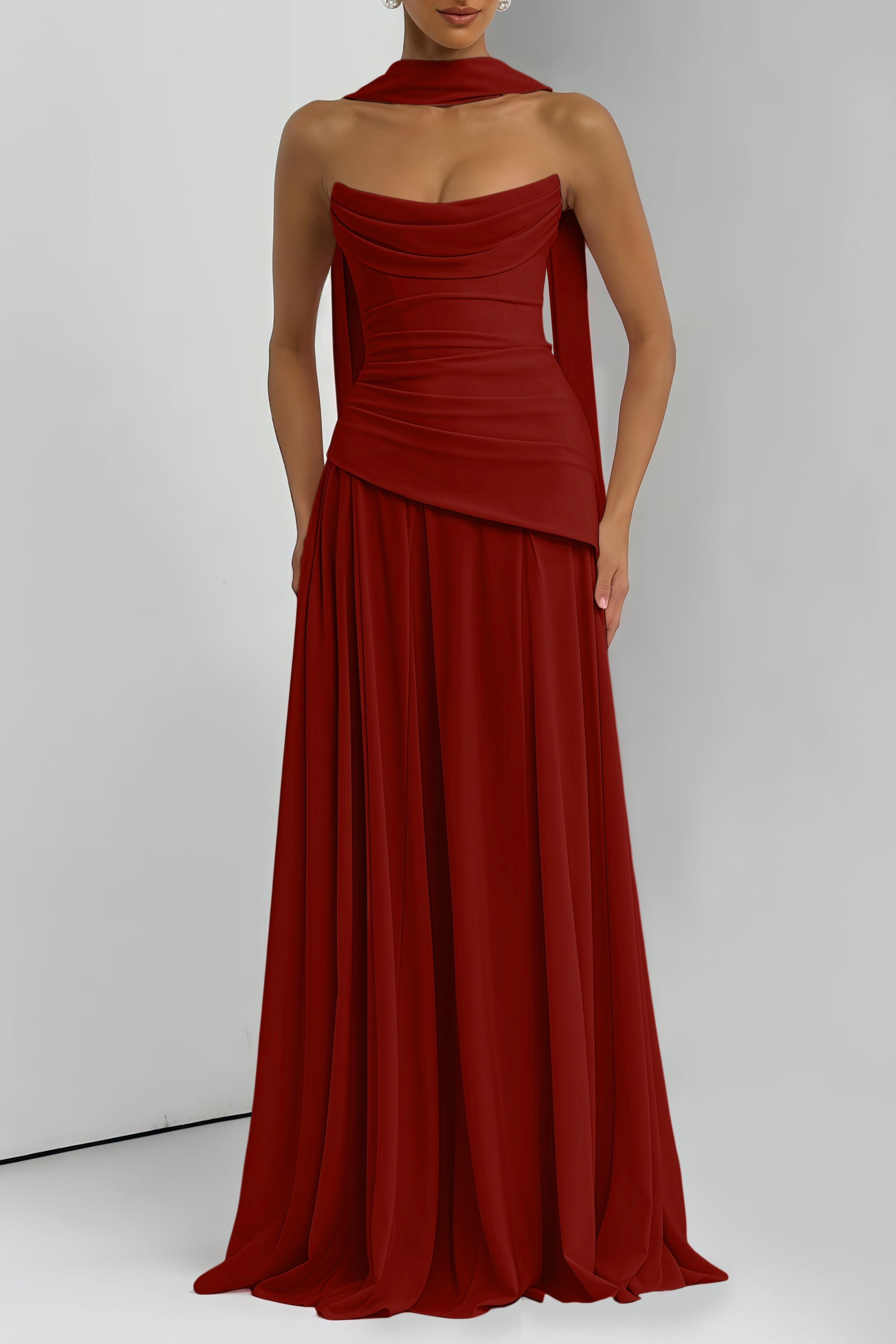 Romane Burgundy Strapless Corset Chiffon Maxi Dress (Final Sale-US Only)