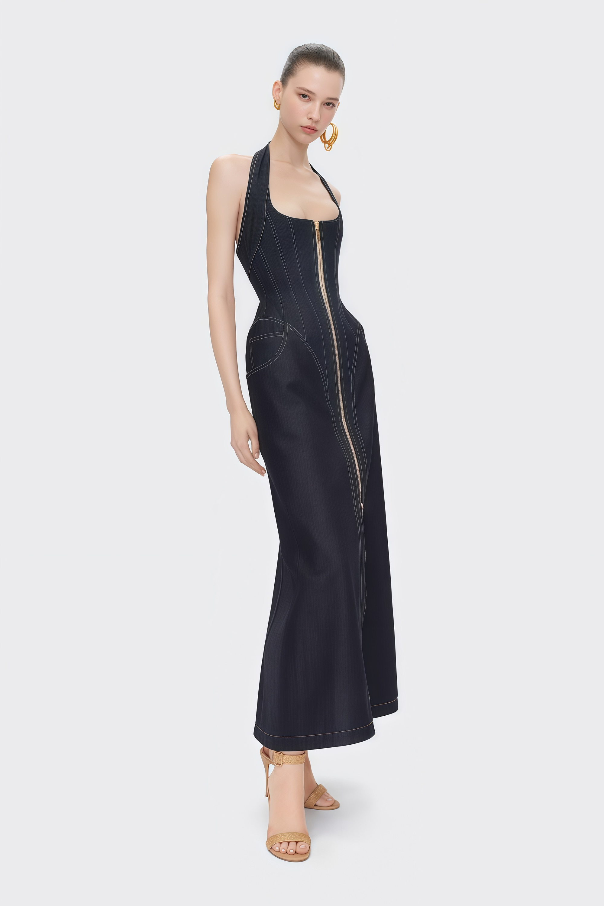 Adrienne black denim front-slit contrast-stitching maxi dress (Final Sale)