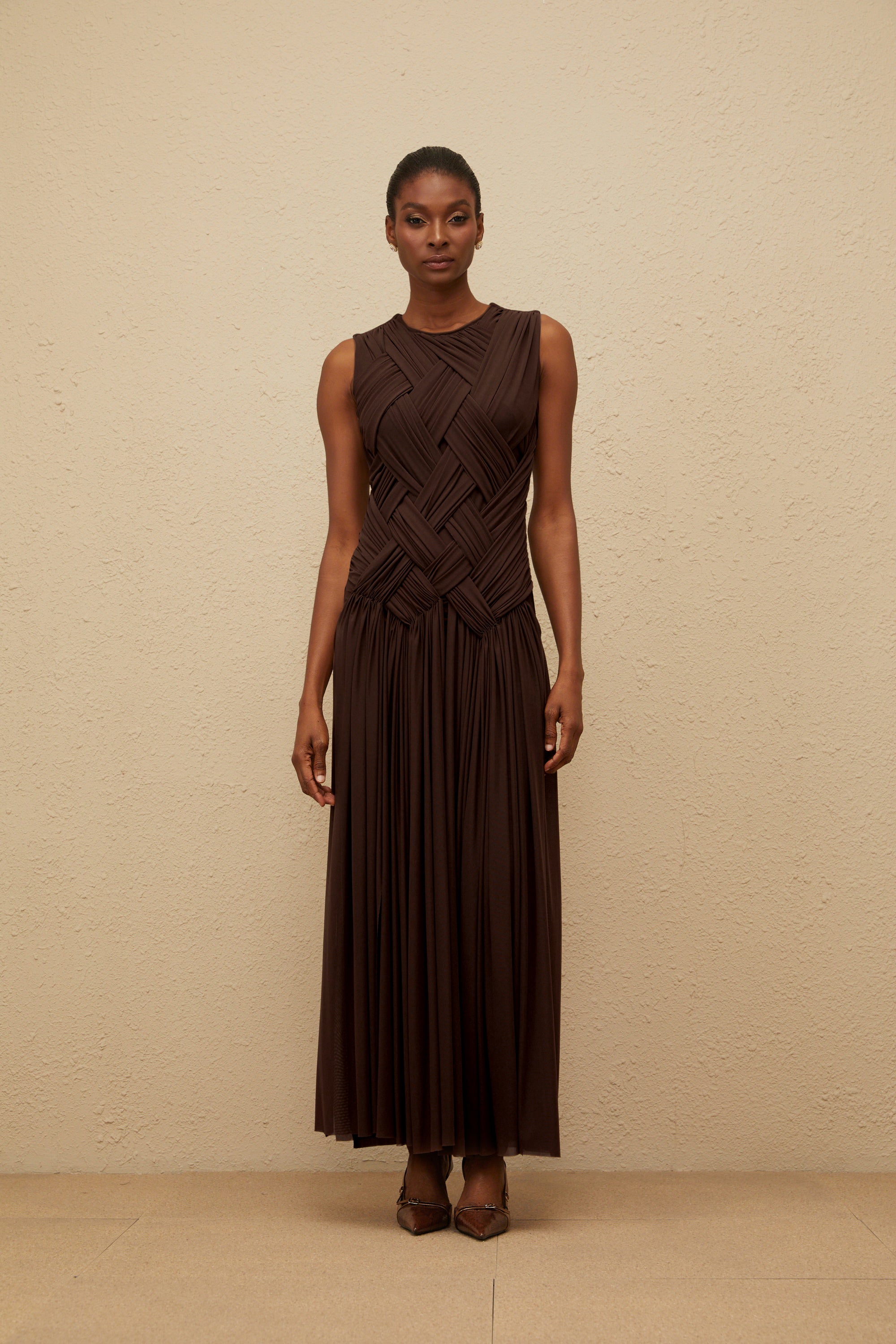 Daphné Brown Asymmetrical Braided Tulle Midi Dress (Final Sale-US Only)