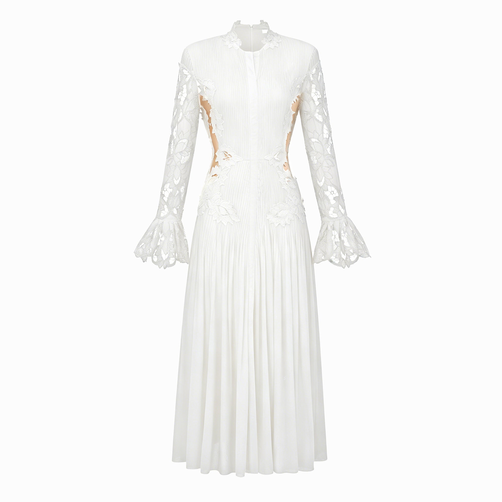 Chiara White Lace Panel Pleated Midi Dress (Final Sale-US Only)