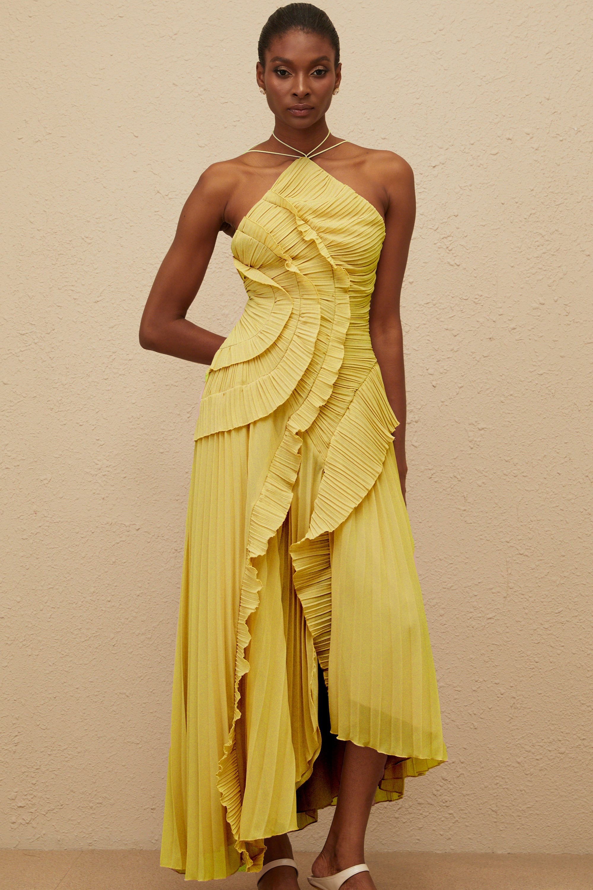 Doux Yellow Ruffled Trim Pleated Midi Dress (Final Sale)