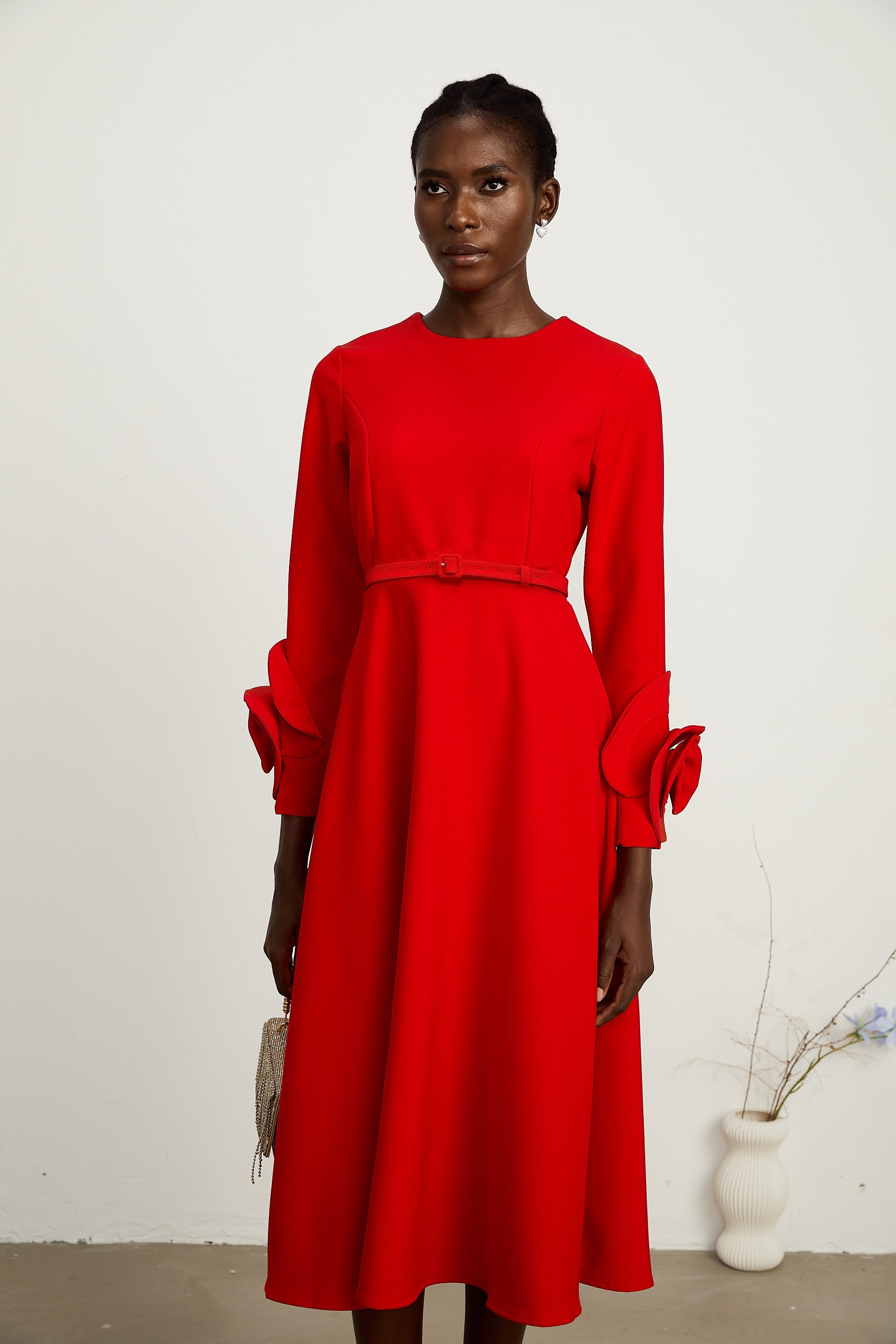 Aurelia red long-sleeve dress with floral embellishments (Final Sale-US Only)