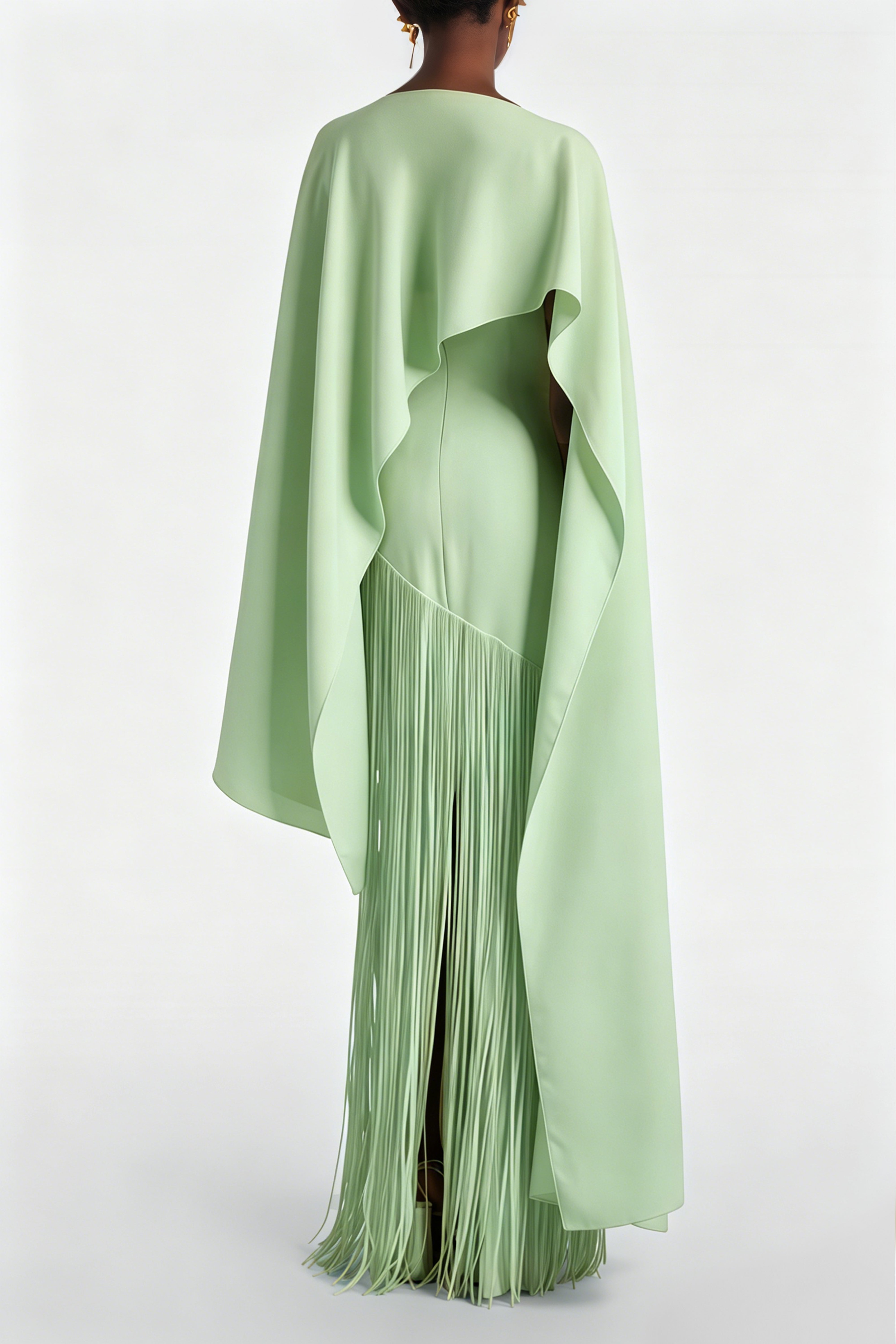 Mint Green Cape Maxi Dress with Long Fringe Skirt and Asymmetrical Hem