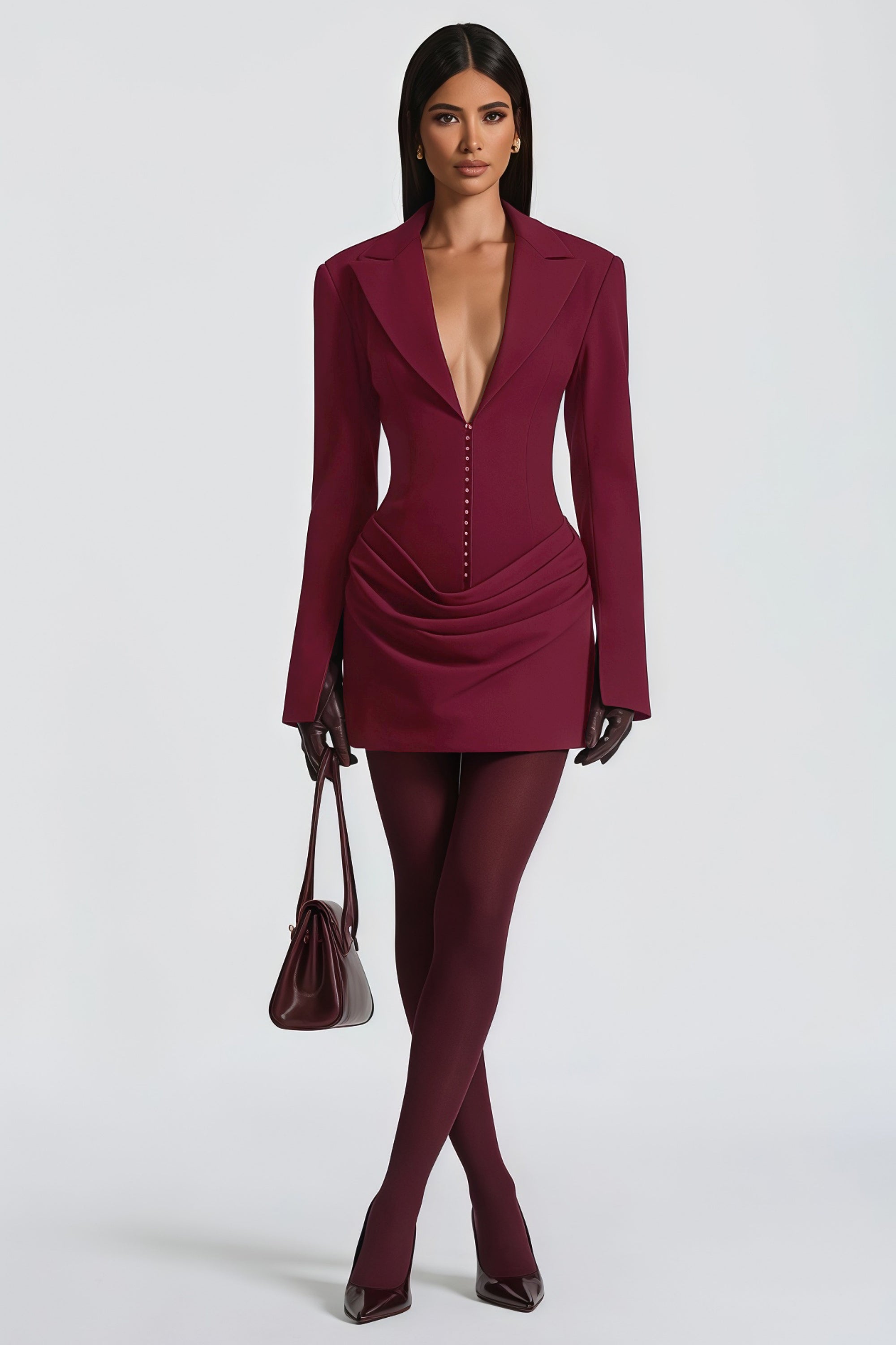 Burgundy long-sleeve blazer mini dress with a draped skirt