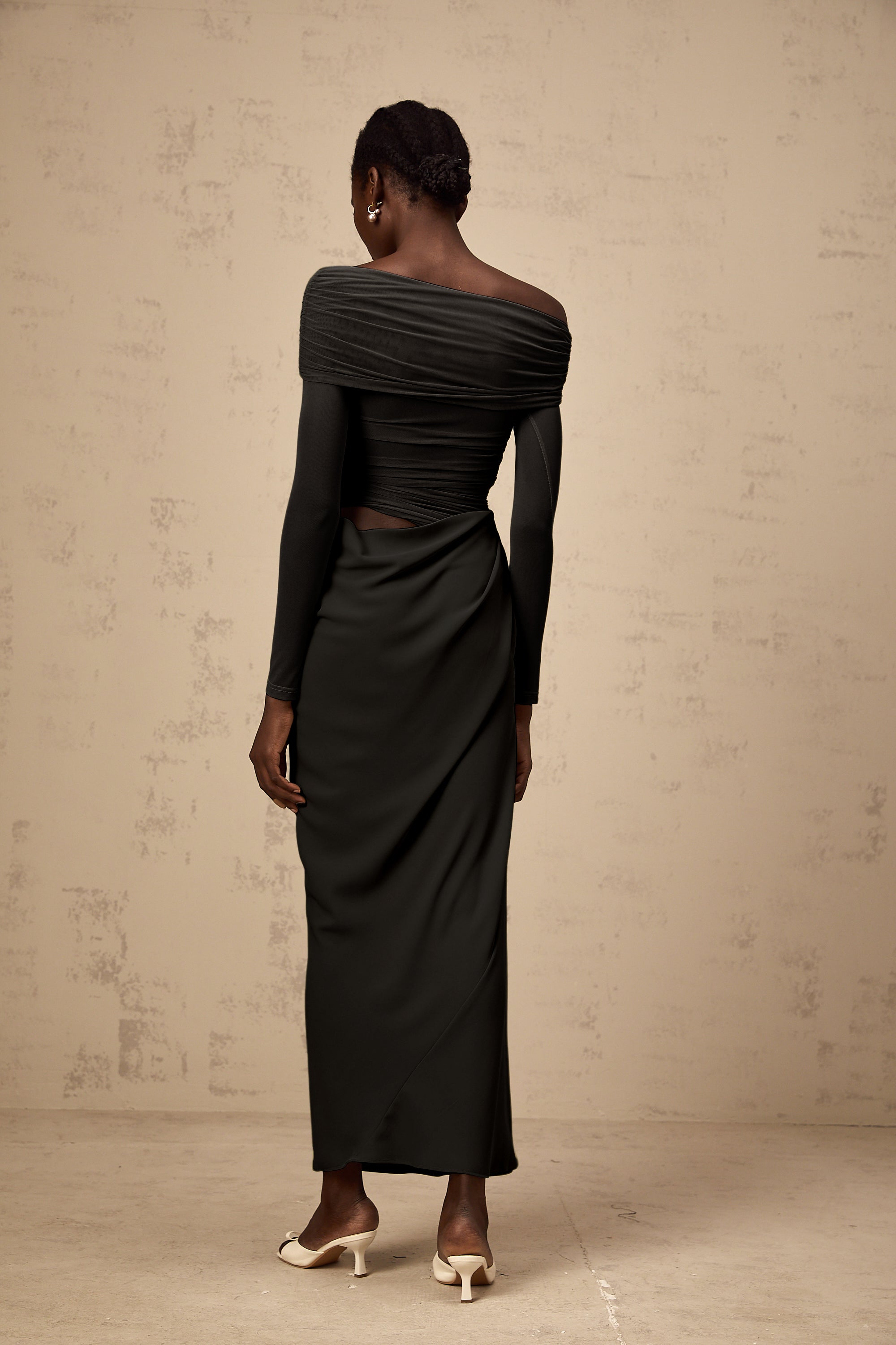 Estelle off-shoulder semi-sheer midi dress in Black (Final Sale-US Only)