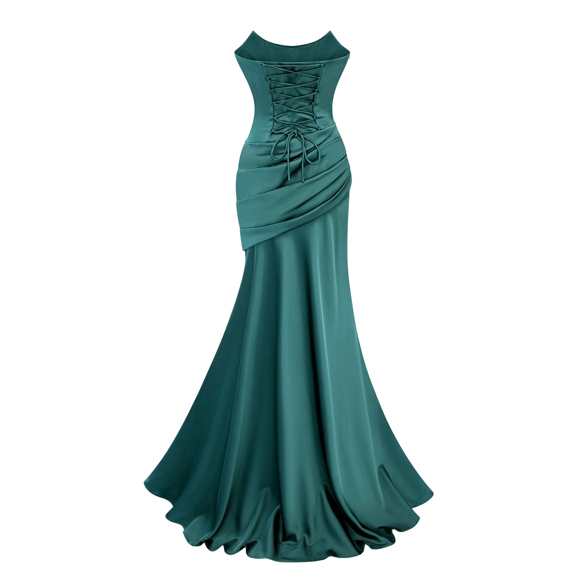 Green Ruched Satin Maxi Dress