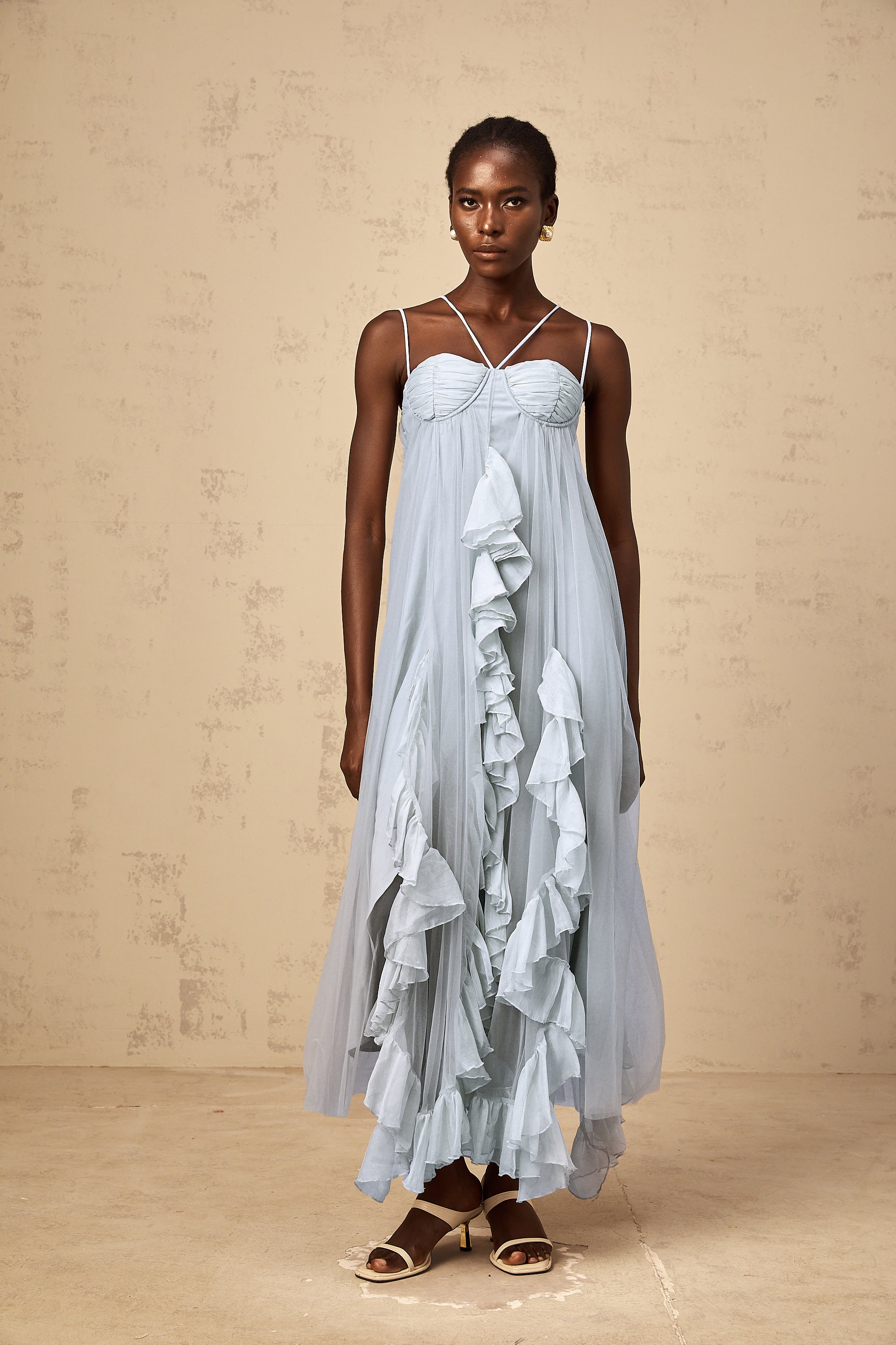 Colette layered ruffled tulle maxi dress in Blue