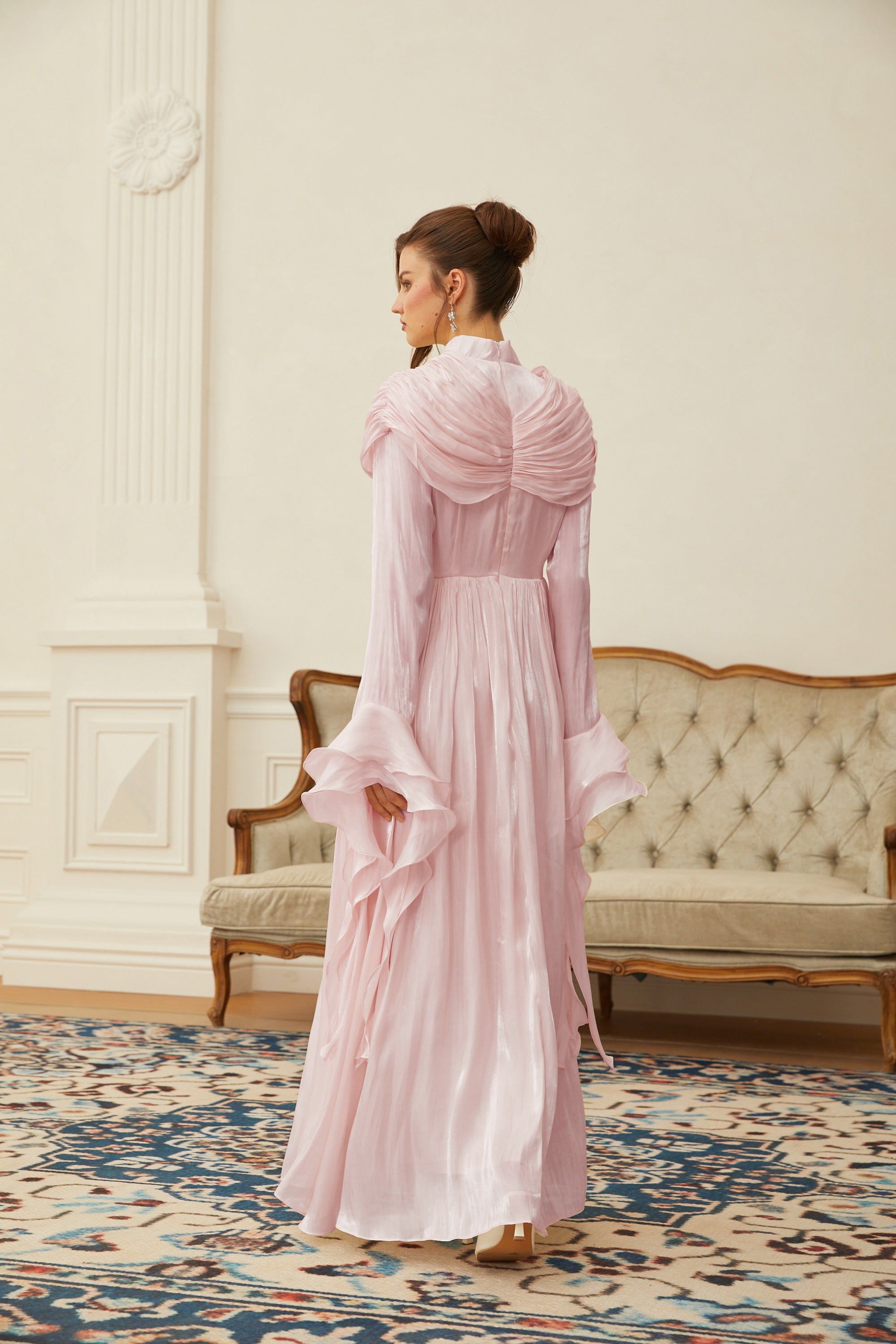 Robe longue plissée à volants Danuta rose