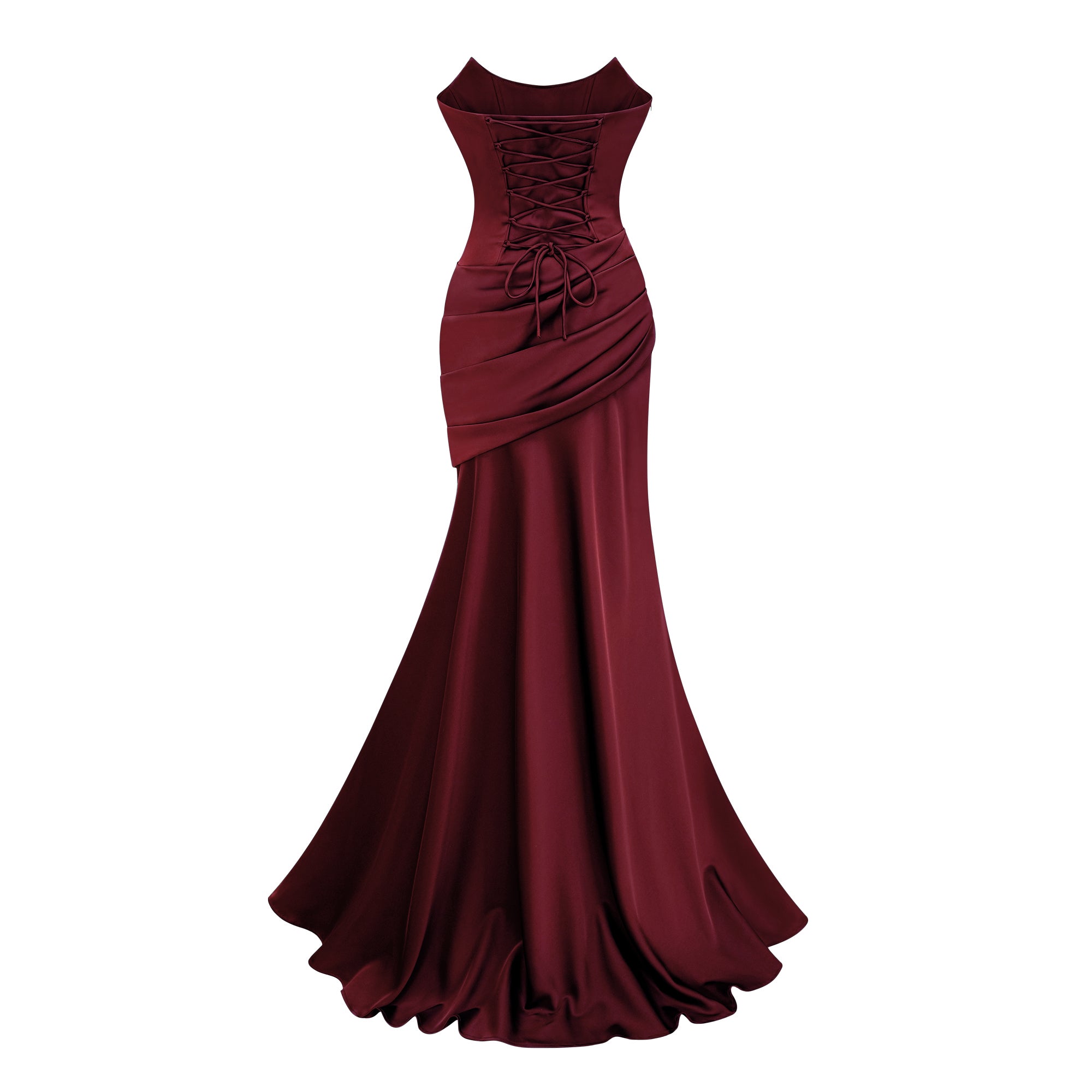 Burgundy strapless satin gown with gloves