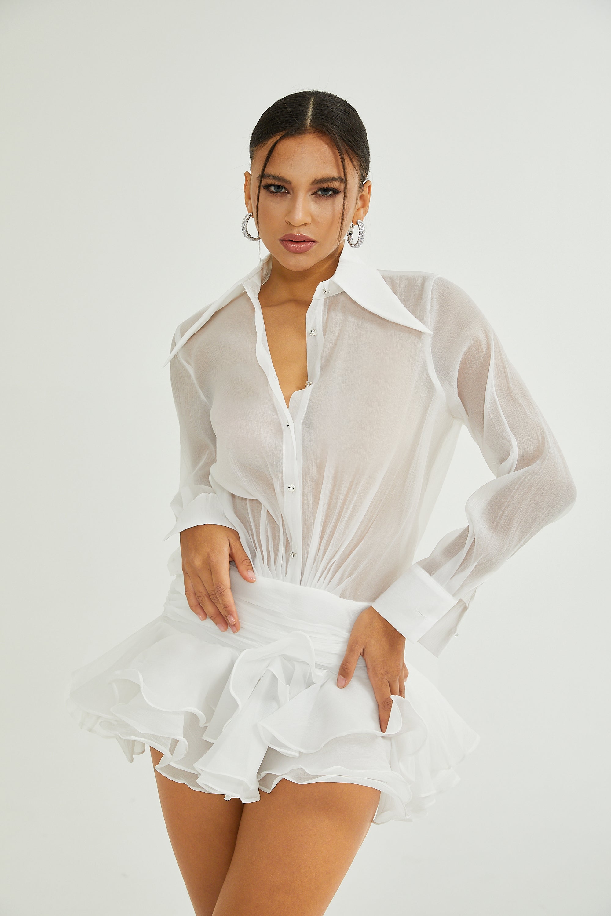 Renée white ruffled mini shirt dress (Final Sale-US Only)