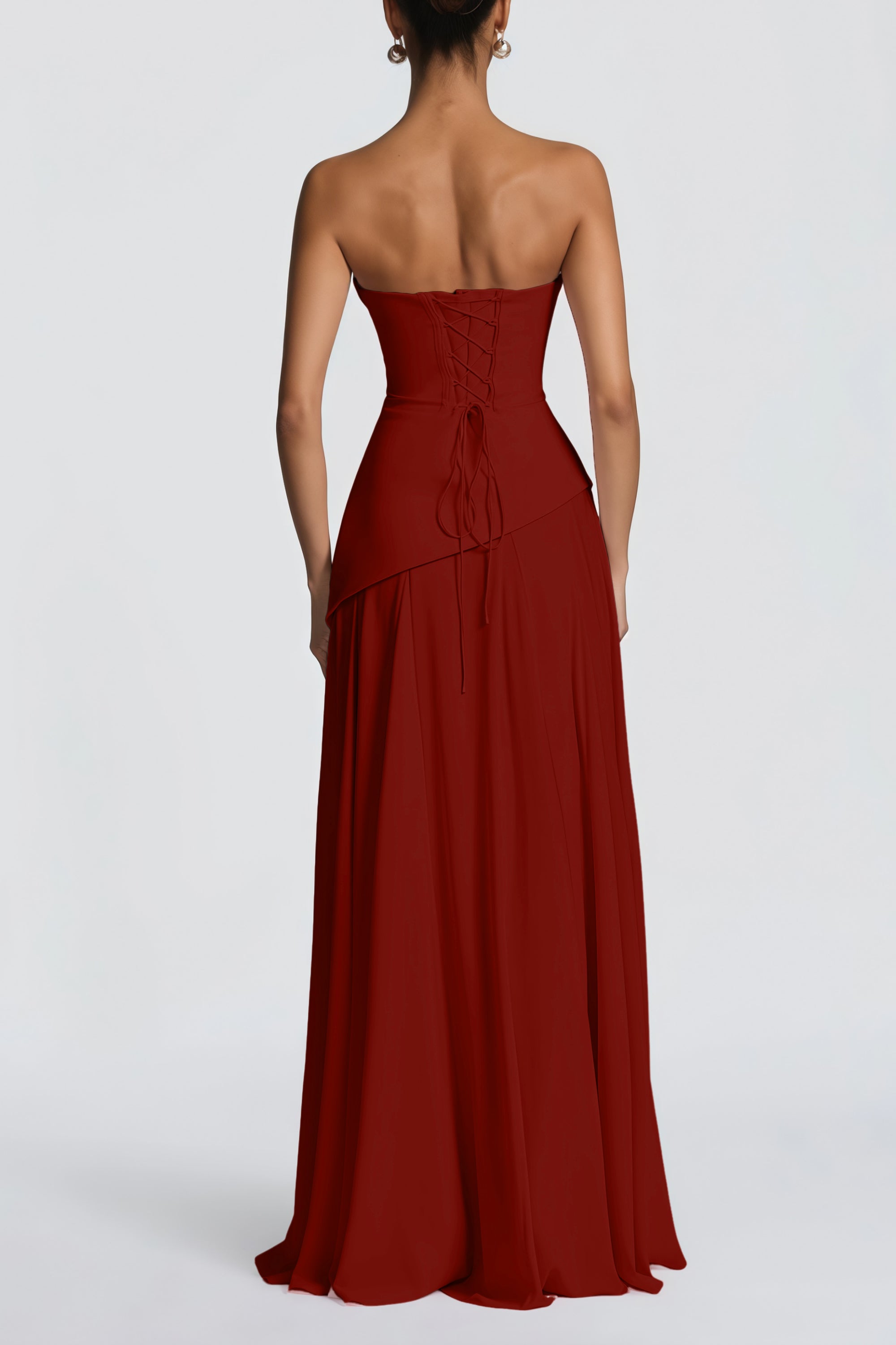 Romane Burgundy Strapless Corset Chiffon Maxi Dress (Final Sale-US Only)