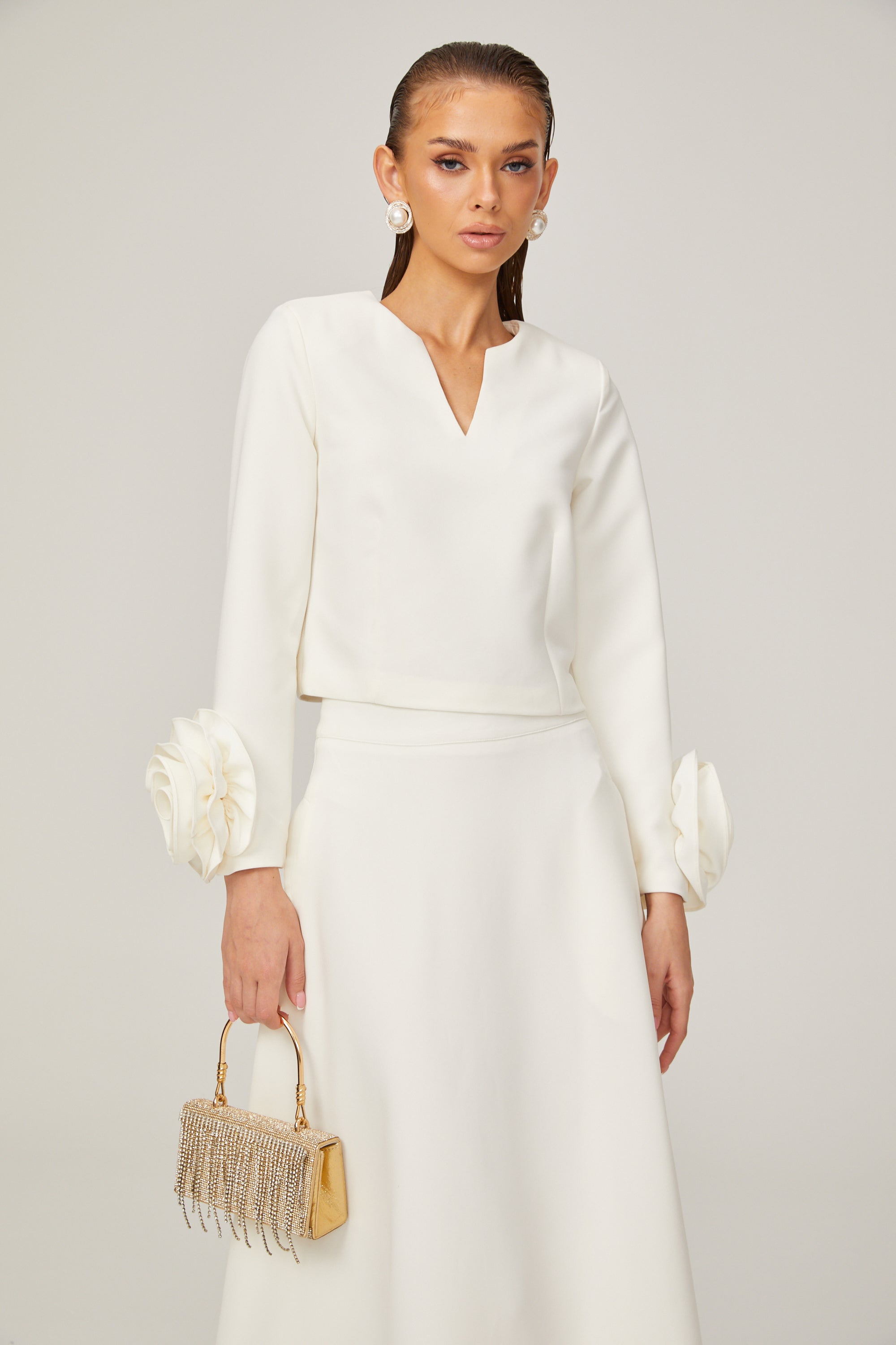 Hilaire white 3d-petal top & skirt matching set (Final Sale)