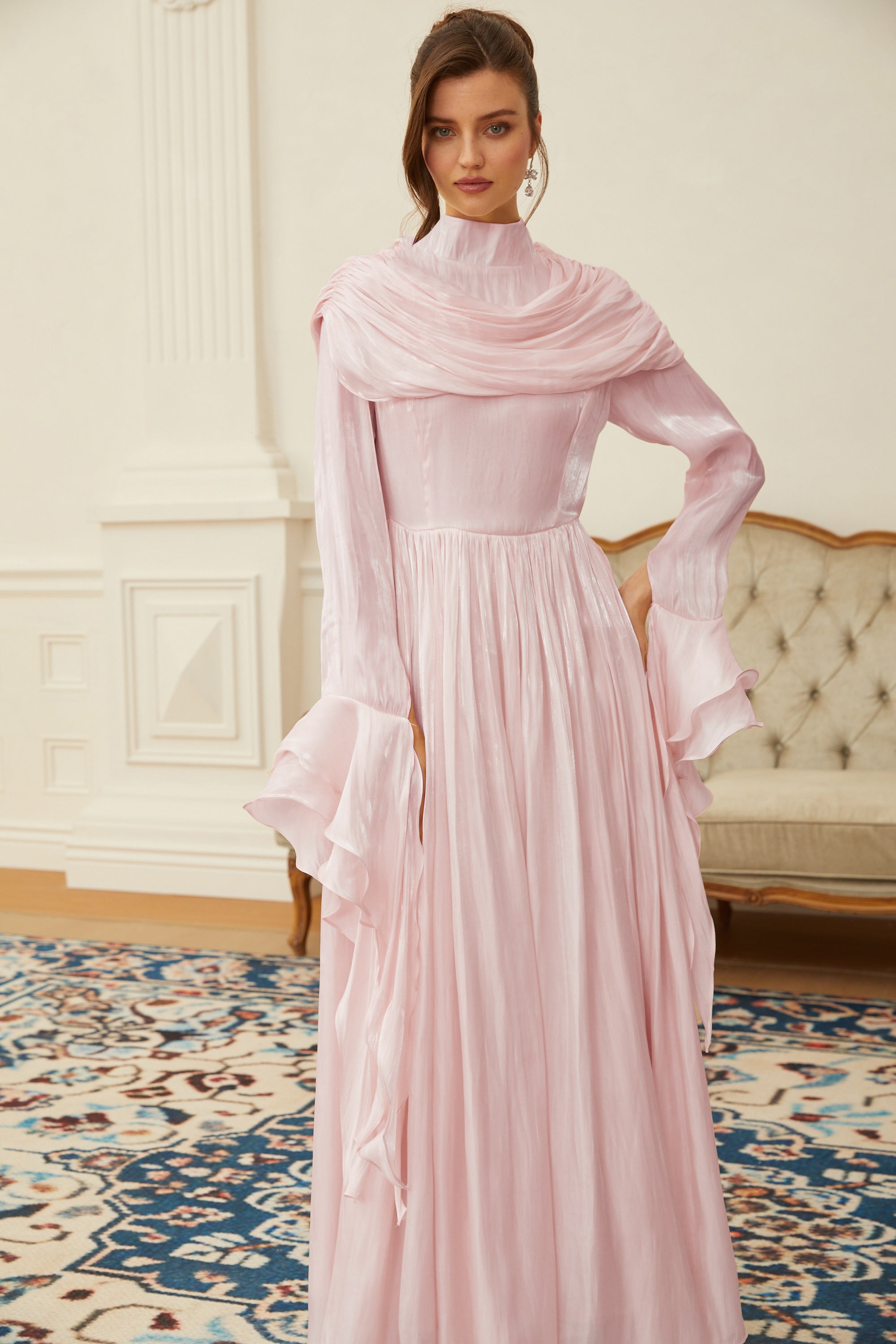 Robe longue plissée à volants Danuta rose