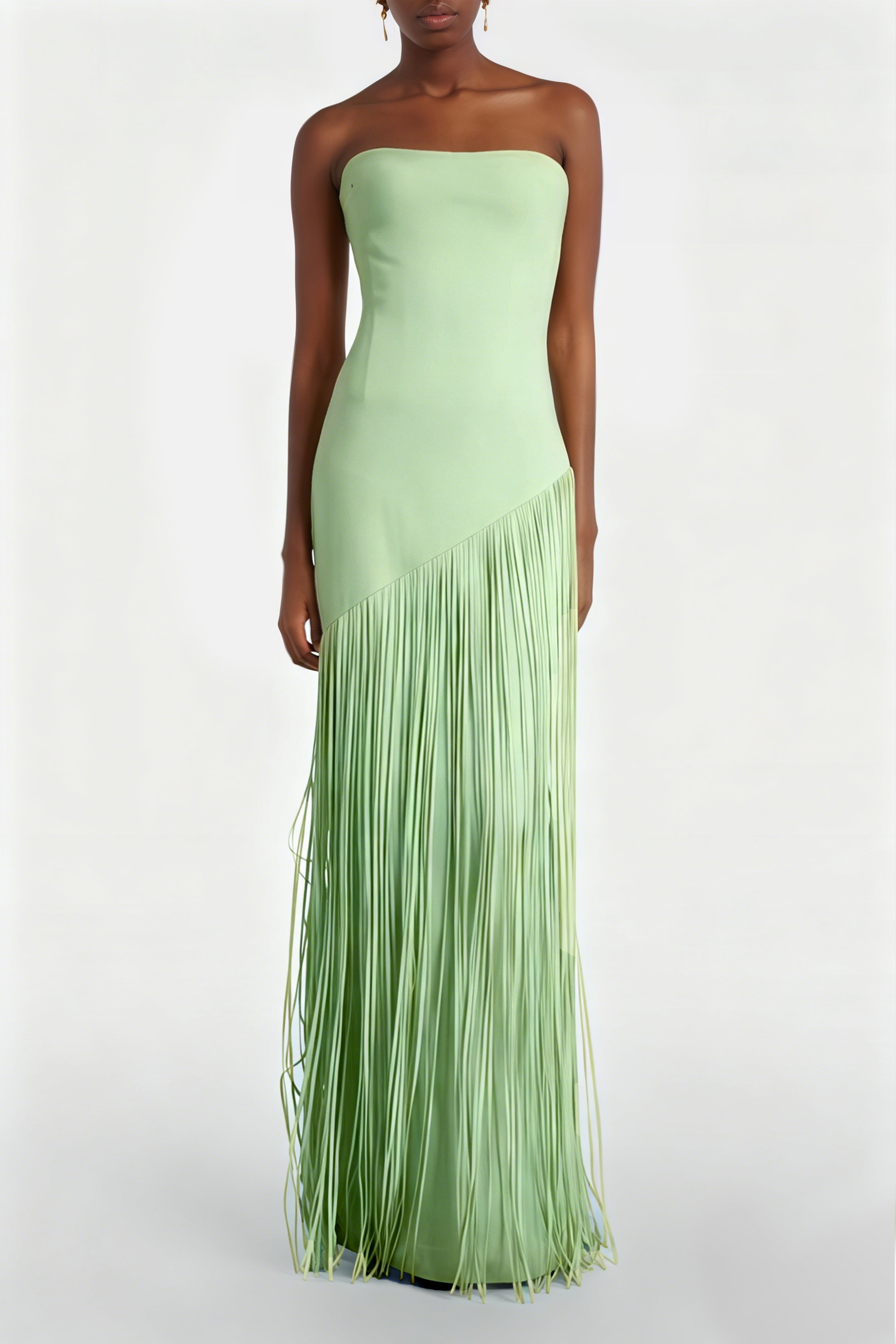 Mint Green Cape Maxi Dress with Long Fringe Skirt and Asymmetrical Hem