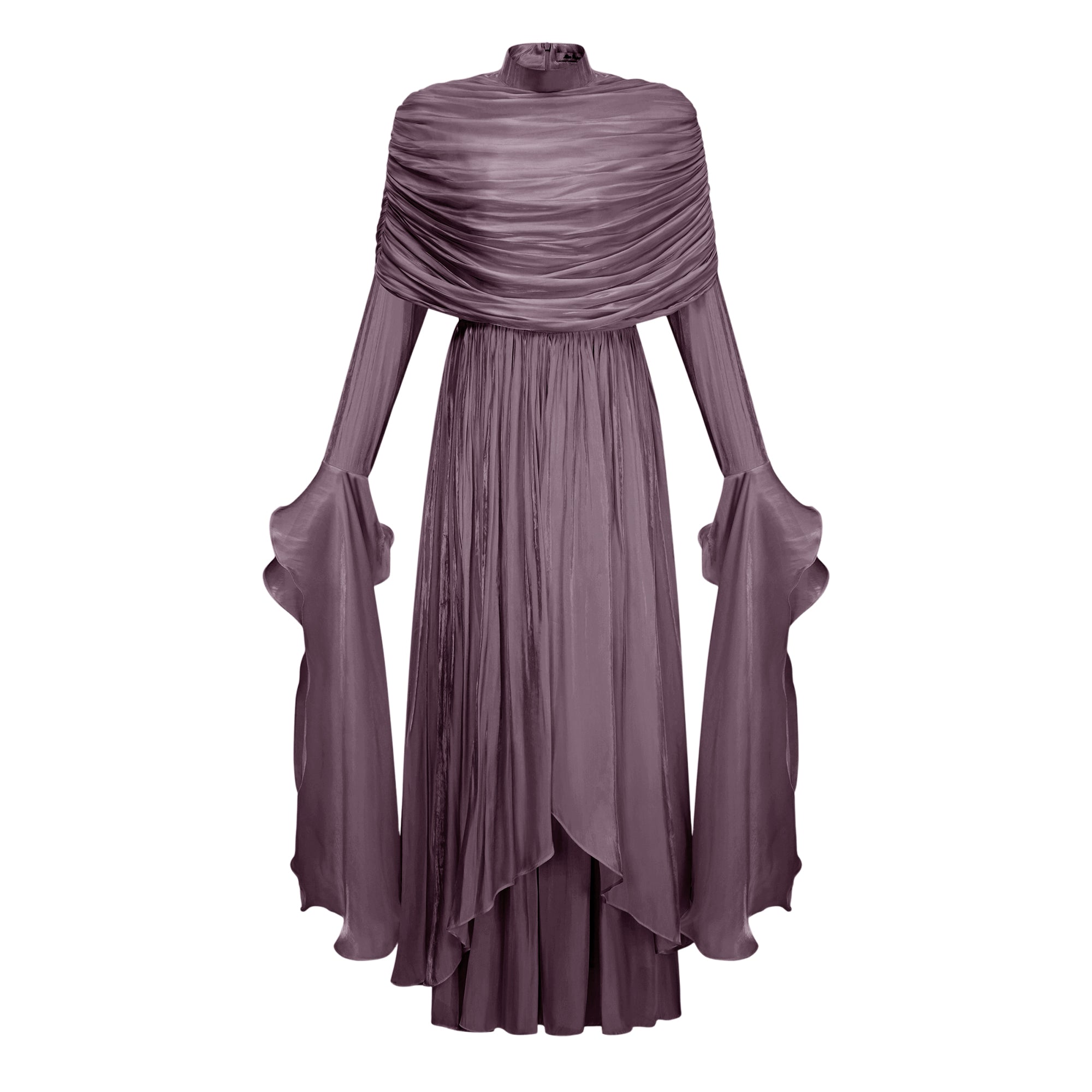 Gustave Purple Ruched Cape Ruffled Maxi Dress (Final Sale-US Only)