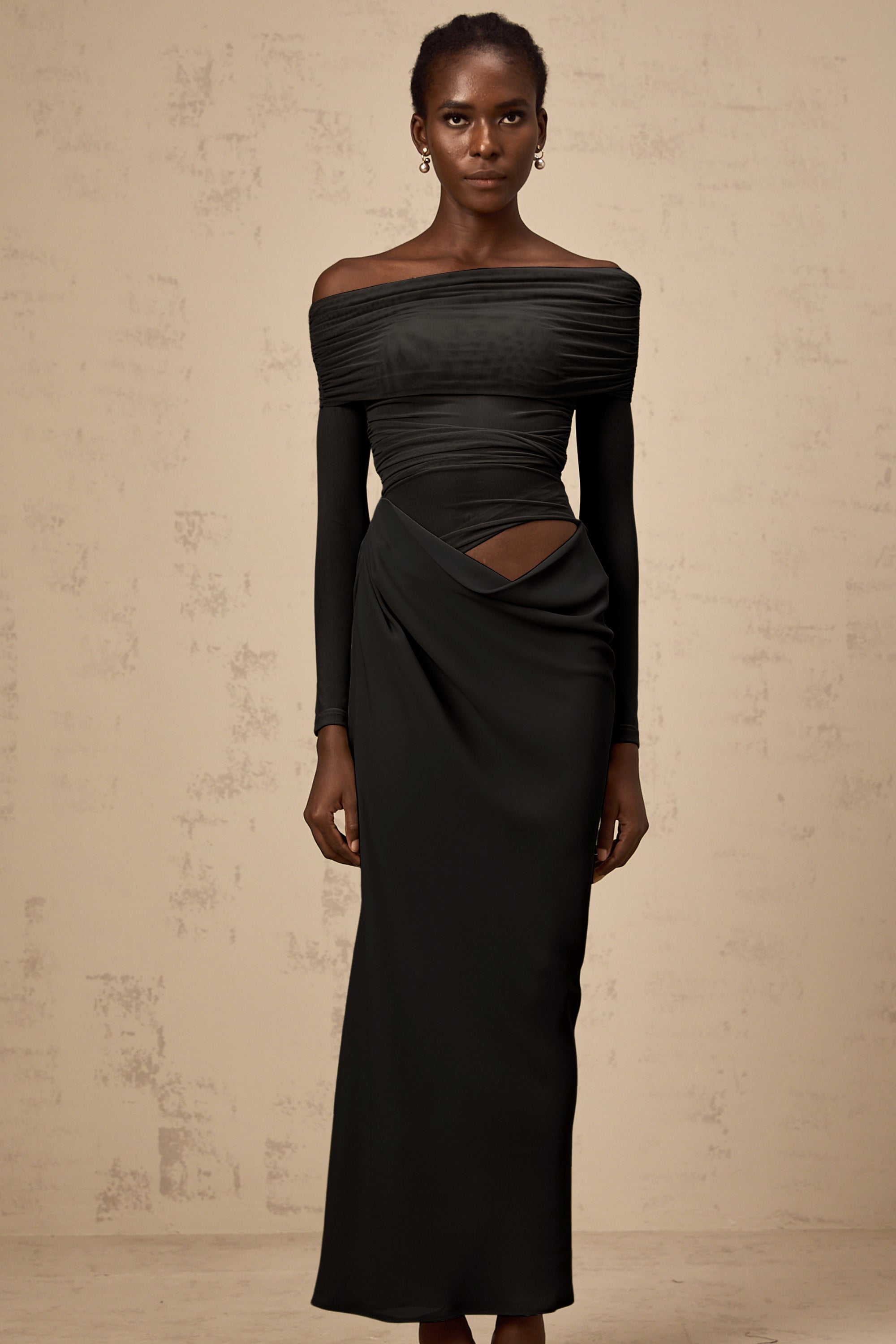 Estelle off-shoulder semi-sheer midi dress in Black (Final Sale-US Only)