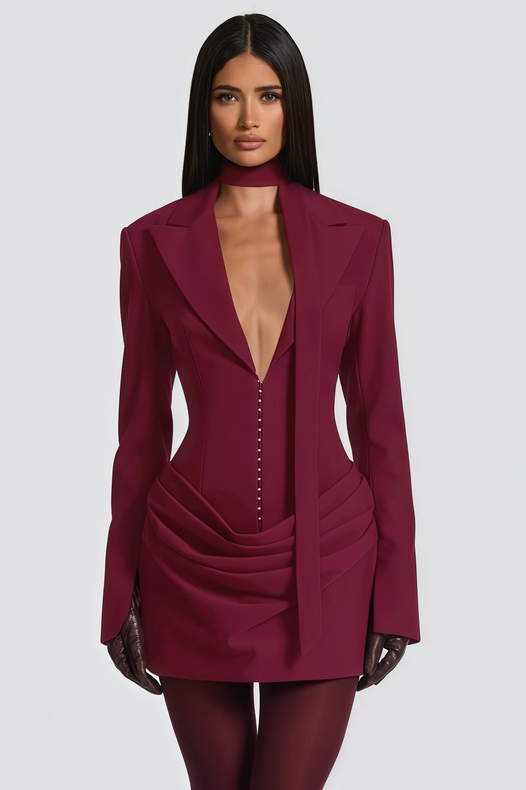 Burgundy long-sleeve blazer mini dress with a draped skirt