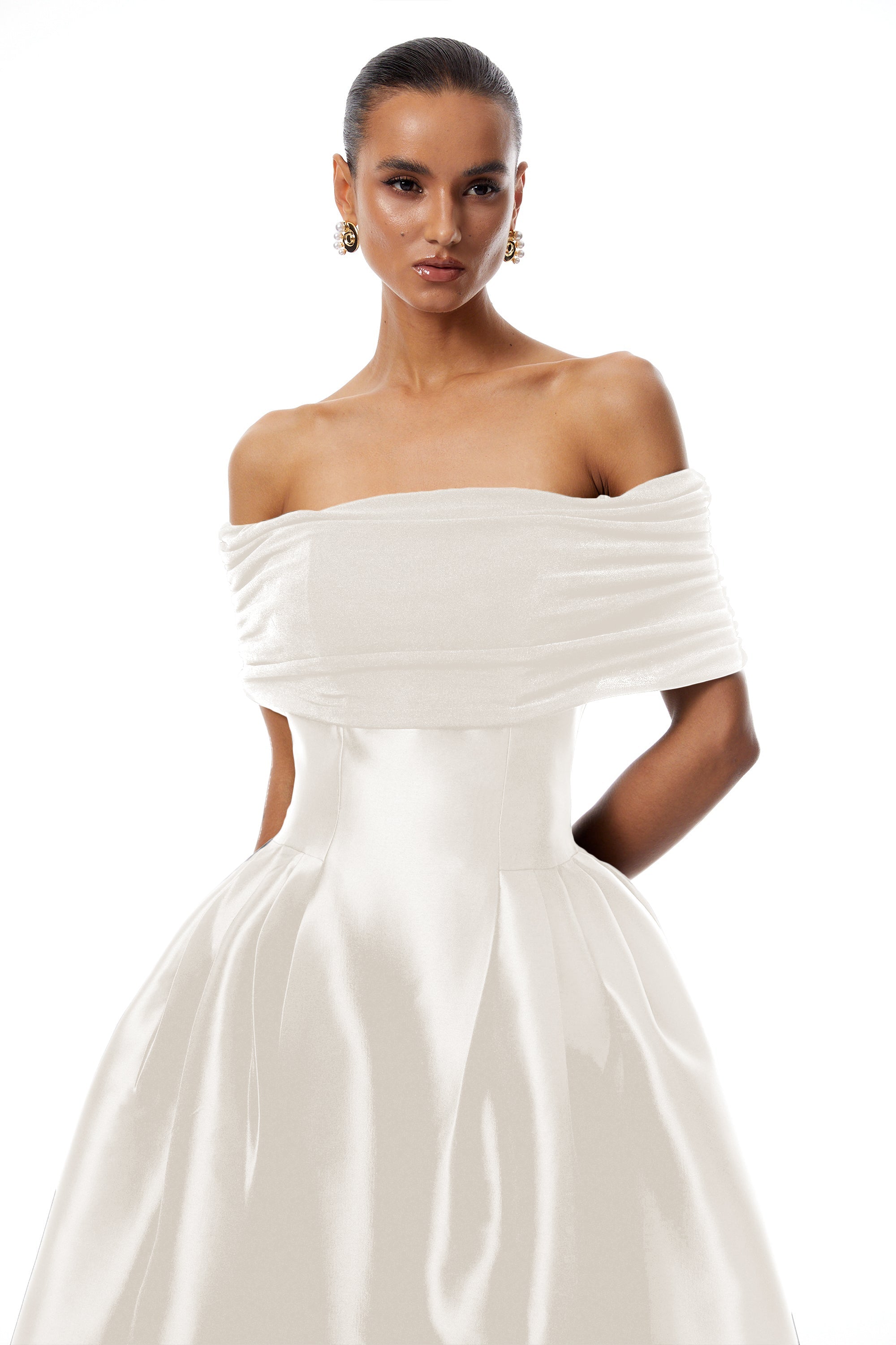 White Off Shoulder Polished Midi Dress
