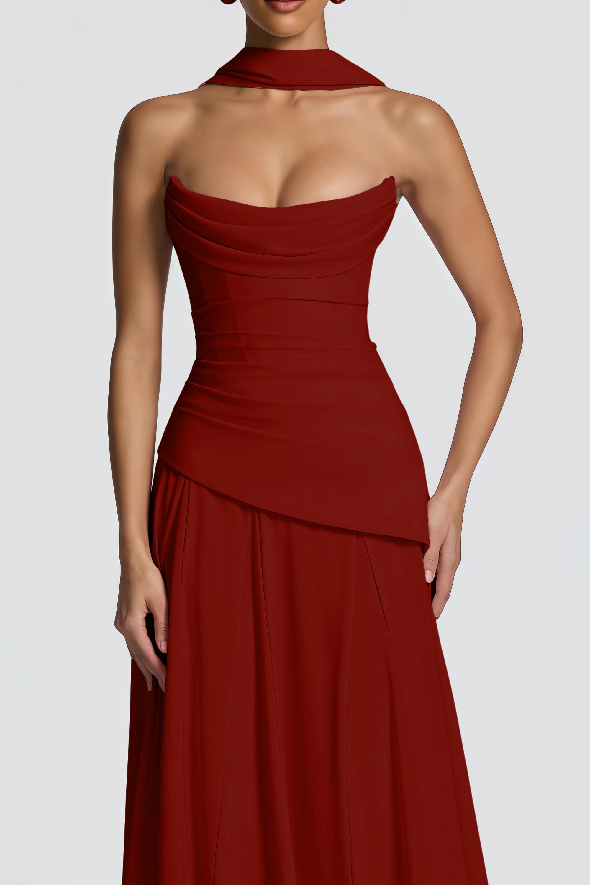 Romane Burgundy Strapless Corset Chiffon Maxi Dress (Final Sale-US Only)