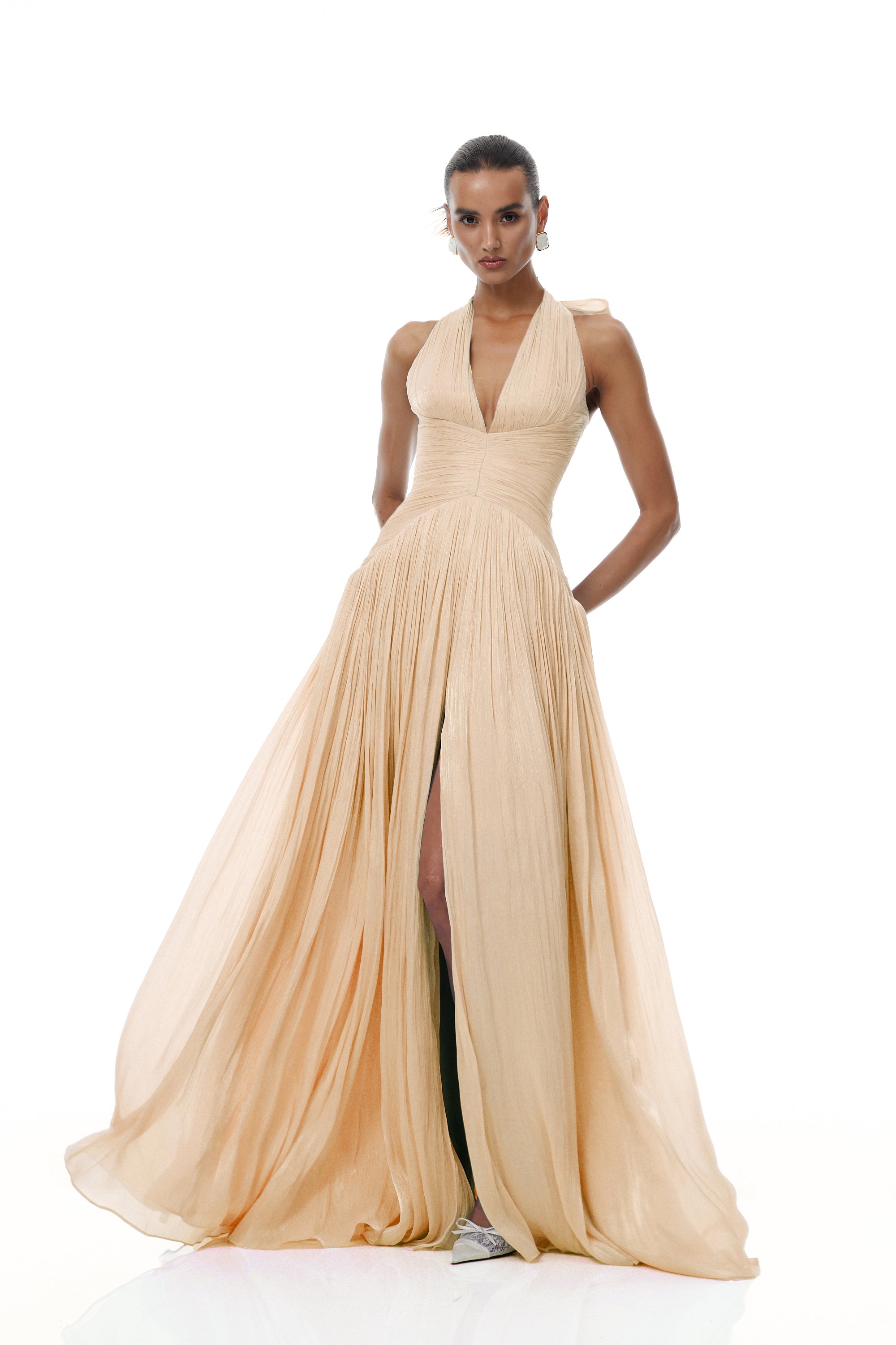 Térébenthine Neutral Glossy Gathered Maxi Dress (Final Sale-US Only)