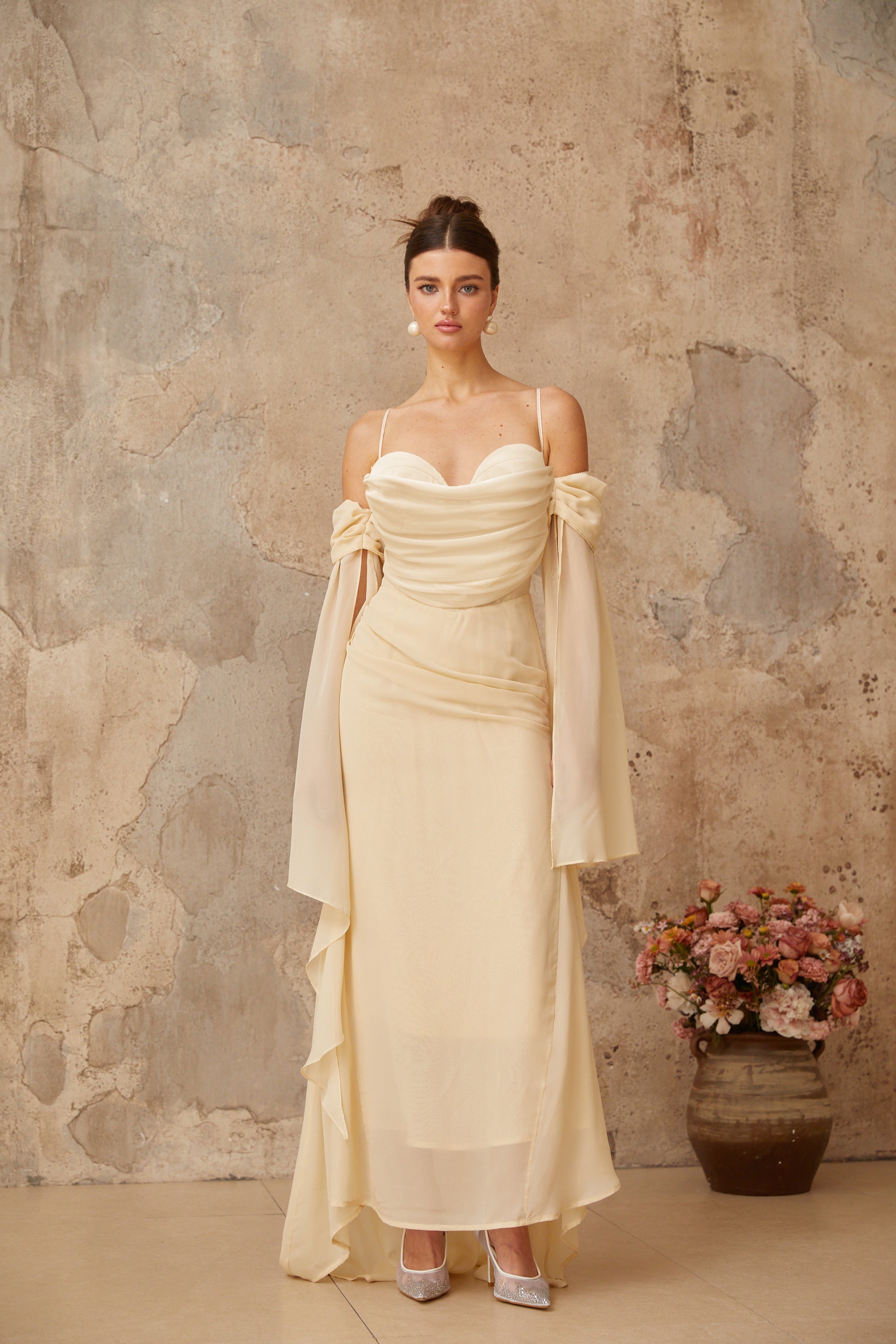 Robe longue en mousseline à volants Mélusine (Vente définitive - États-Unis uniquement)