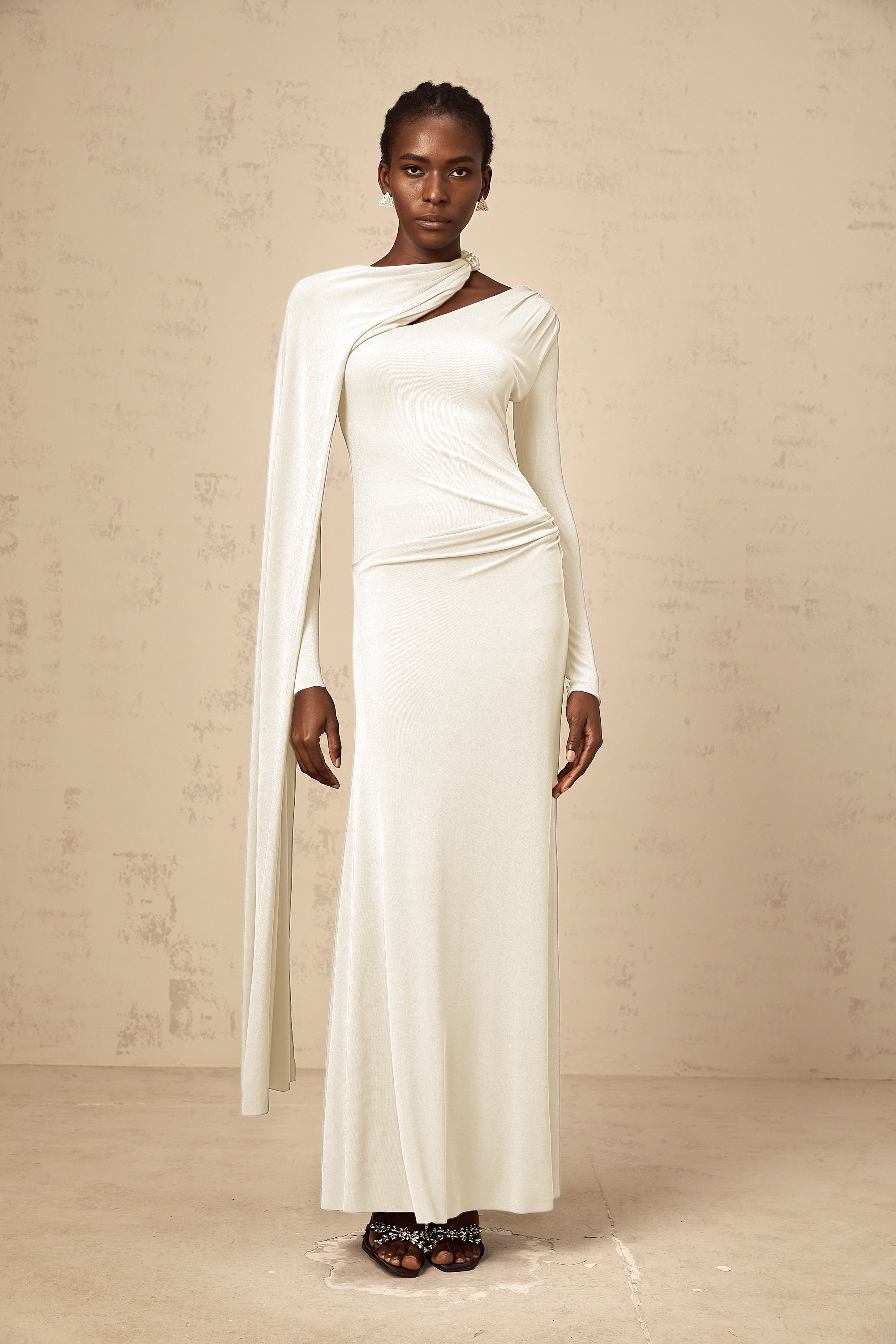 Josette White Diagonal Shawl Fitted Maxi Dress (Final Sale)