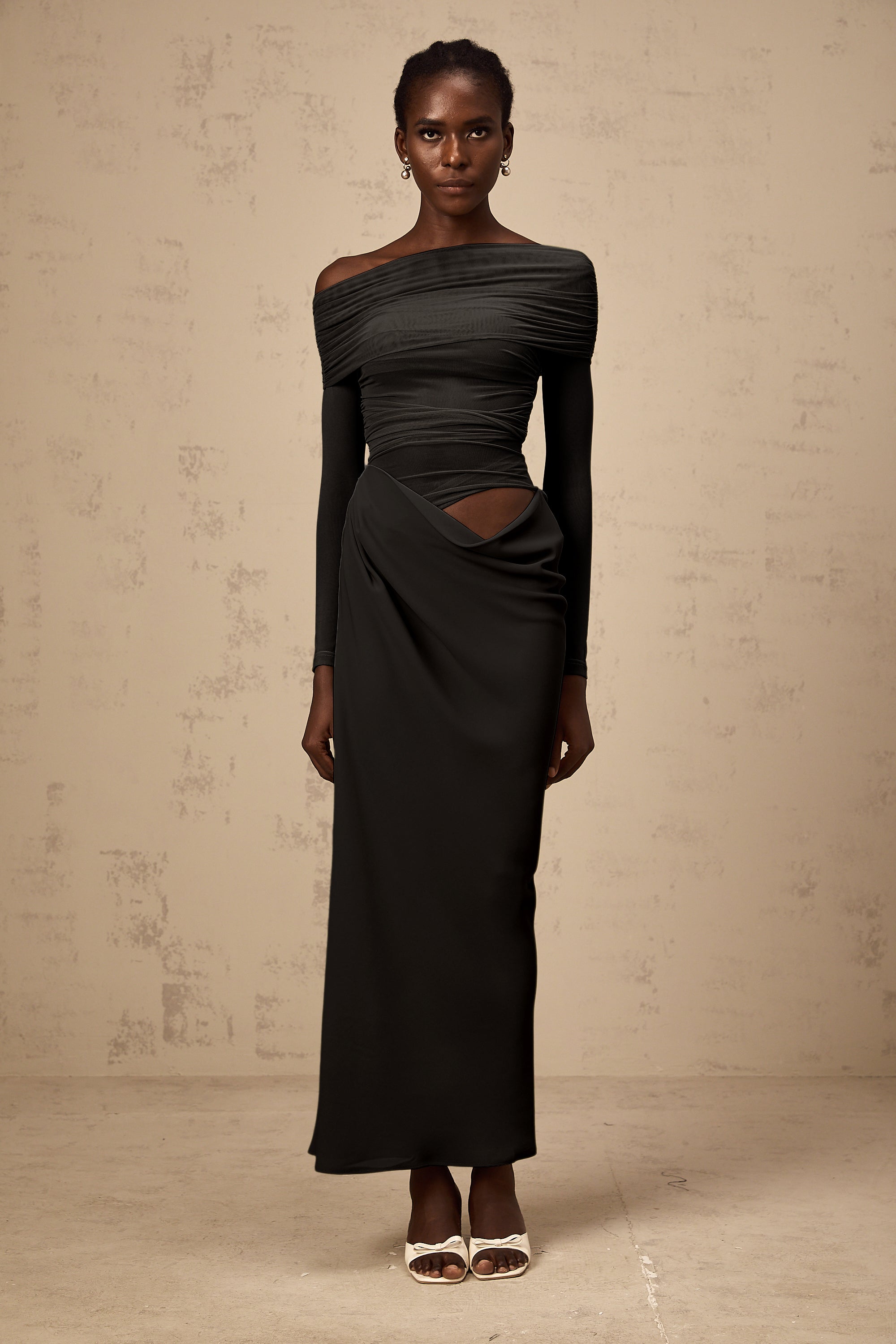 Estelle off-shoulder semi-sheer midi dress in Black (Final Sale-US Only)