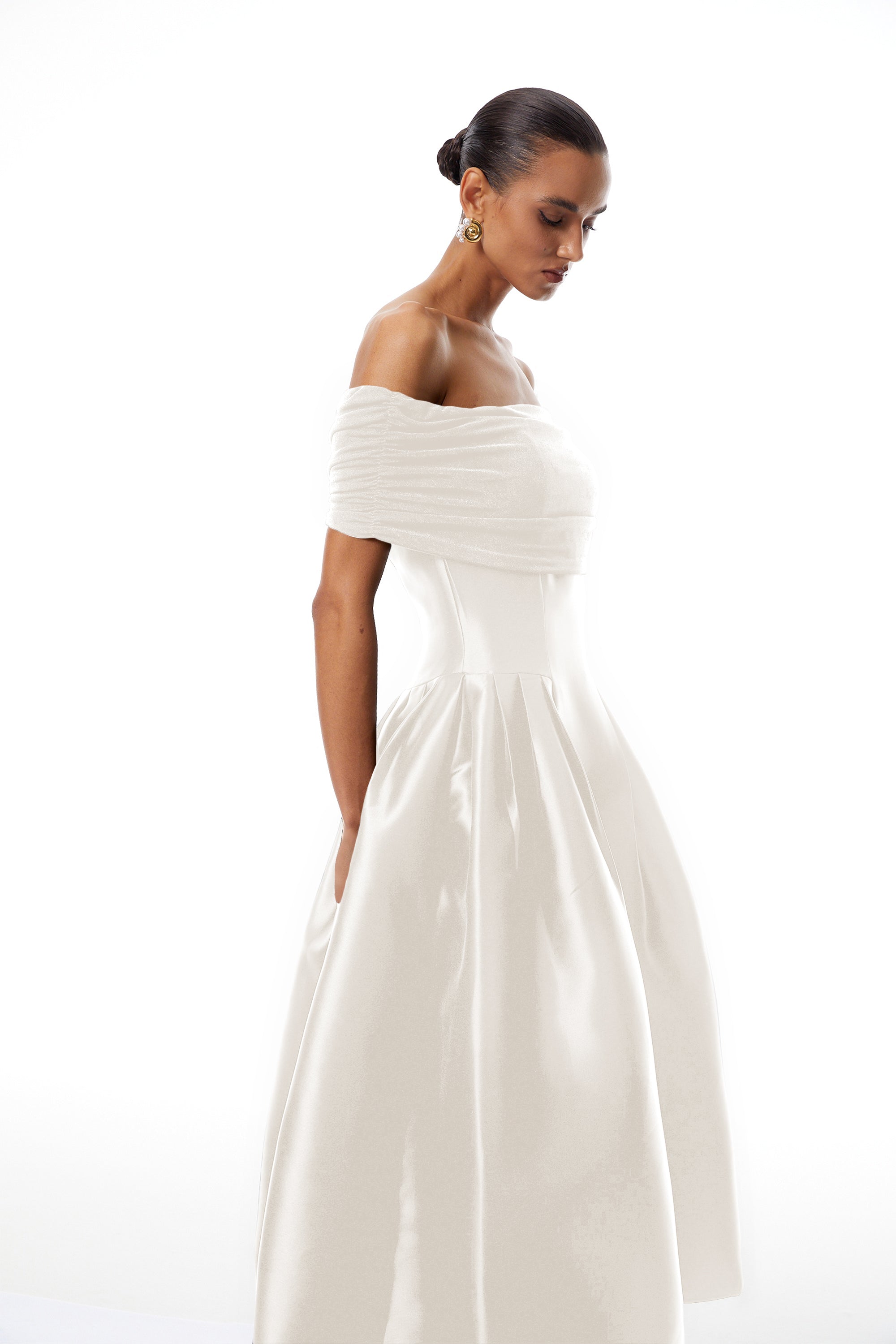 White Off Shoulder Polished Midi Dress