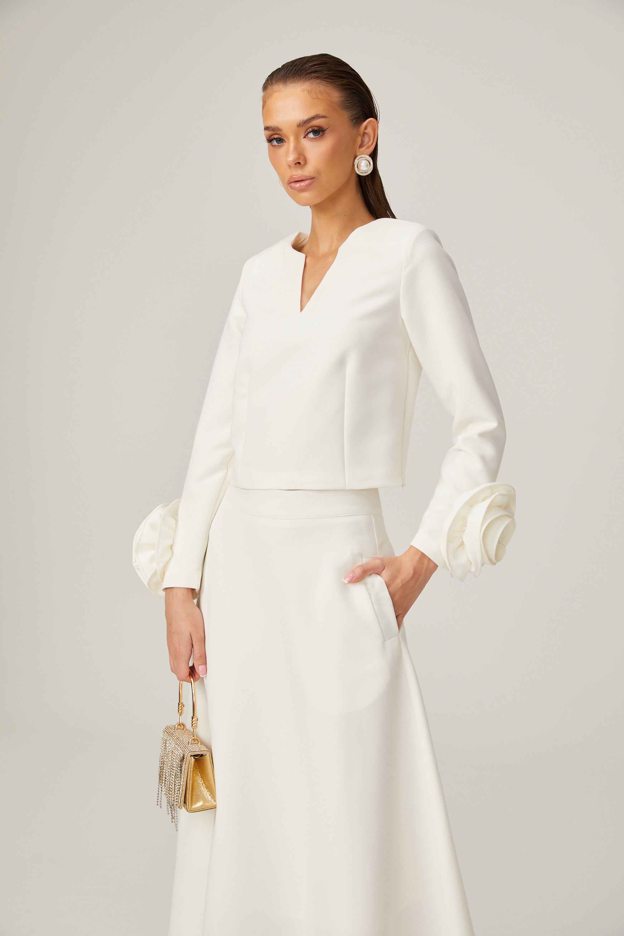 Hilaire white 3d-petal top & skirt matching set (Final Sale)