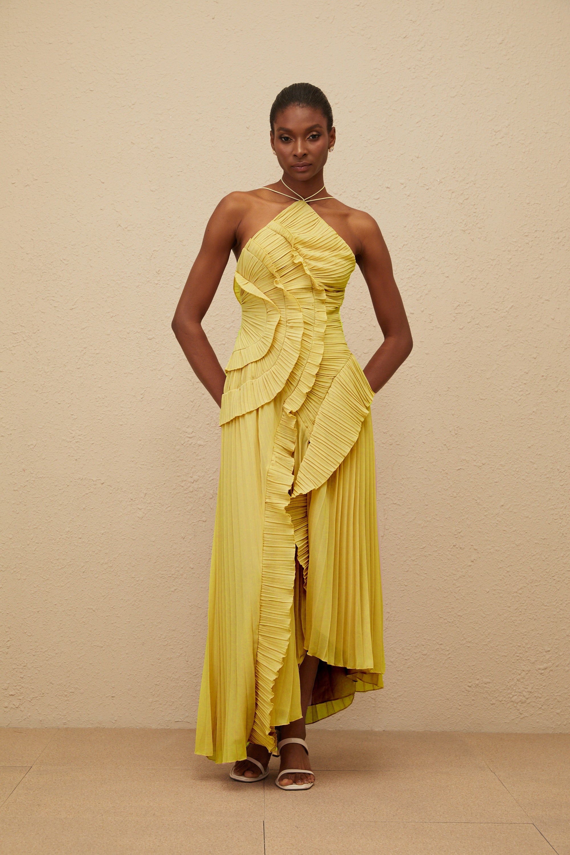 Doux Yellow Ruffled Trim Pleated Midi Dress (Final Sale)