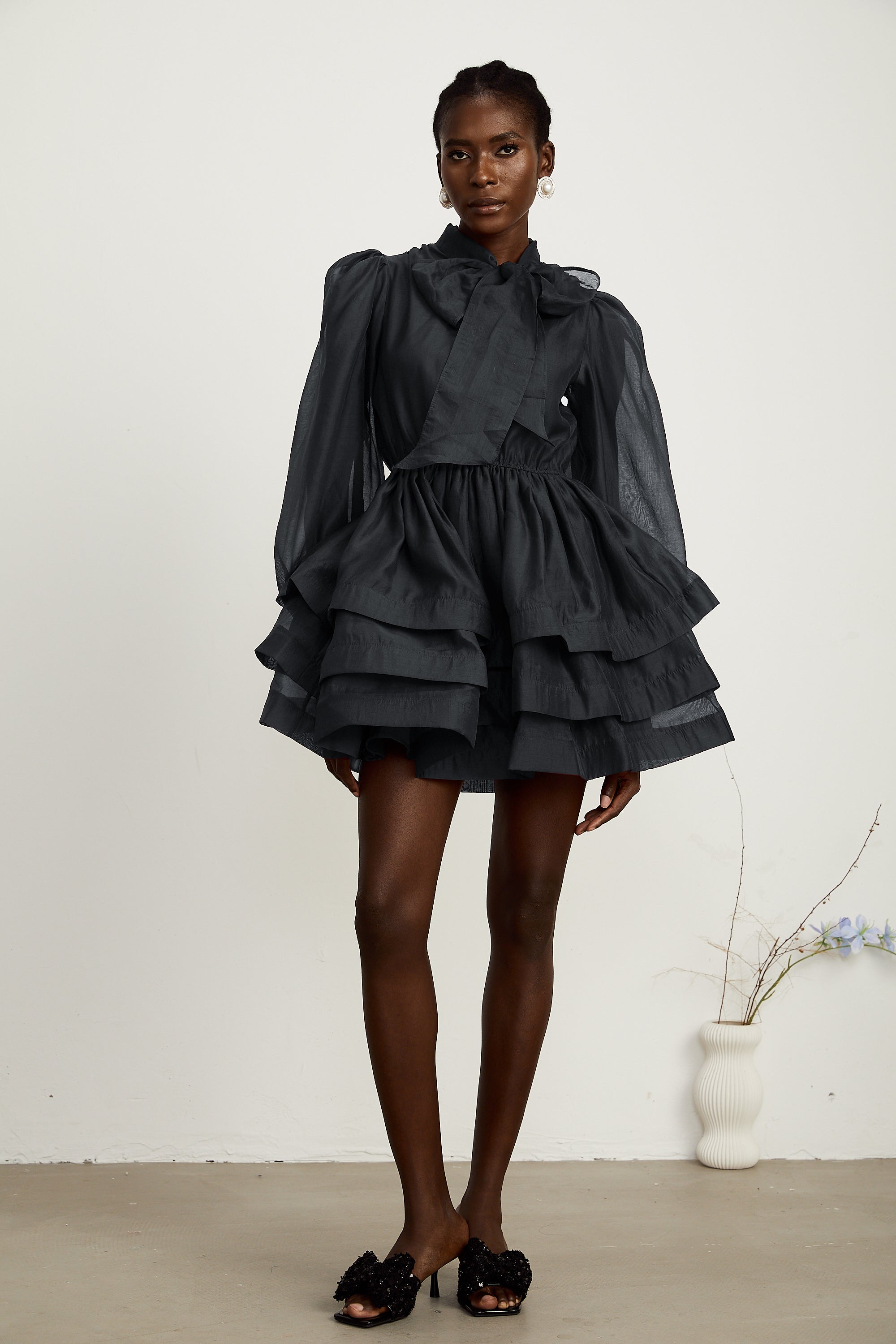 Élodie tiered flared mini dress in Black (Final Sale-US Only)