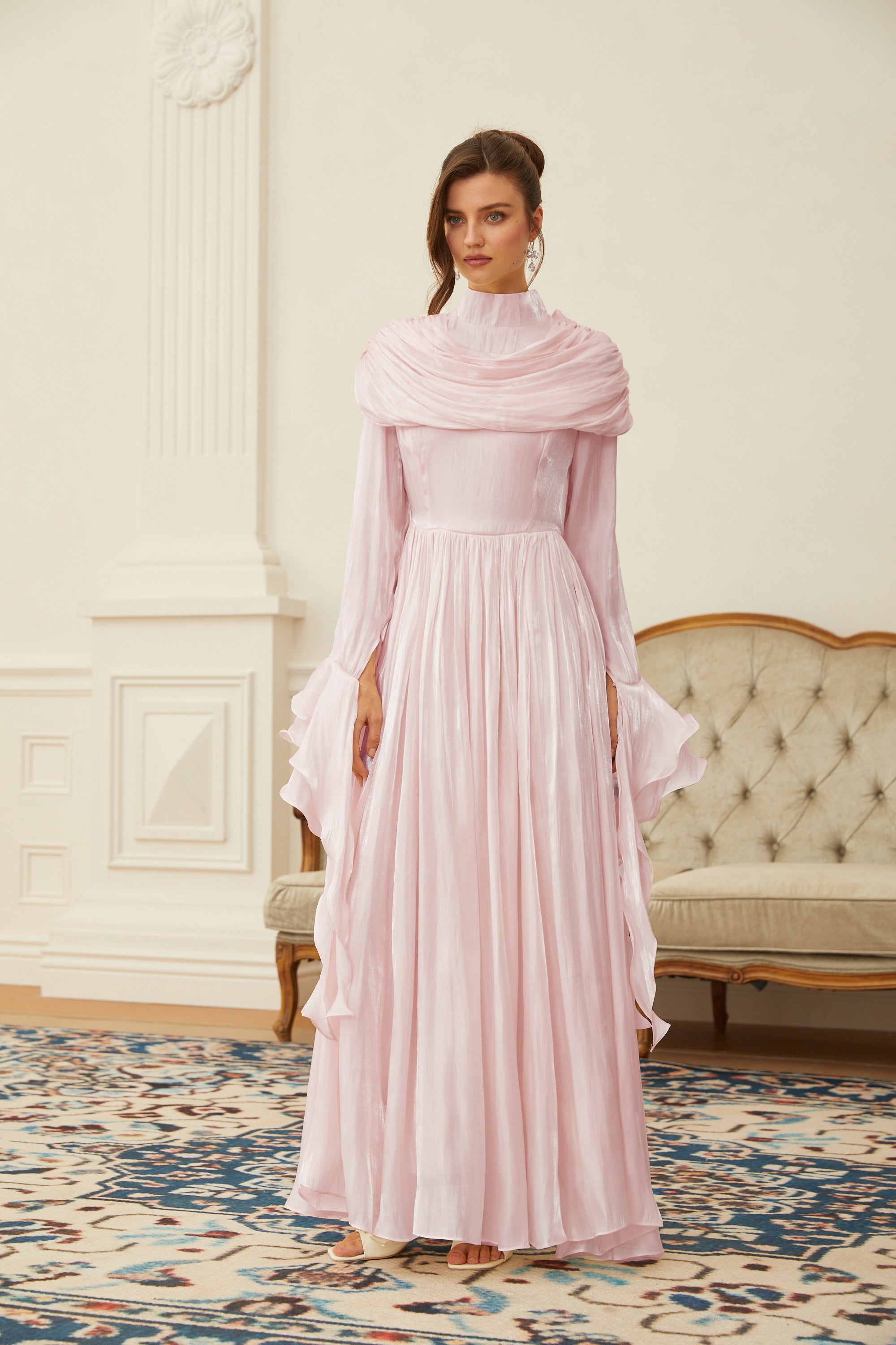 Robe longue plissée à volants Danuta rose