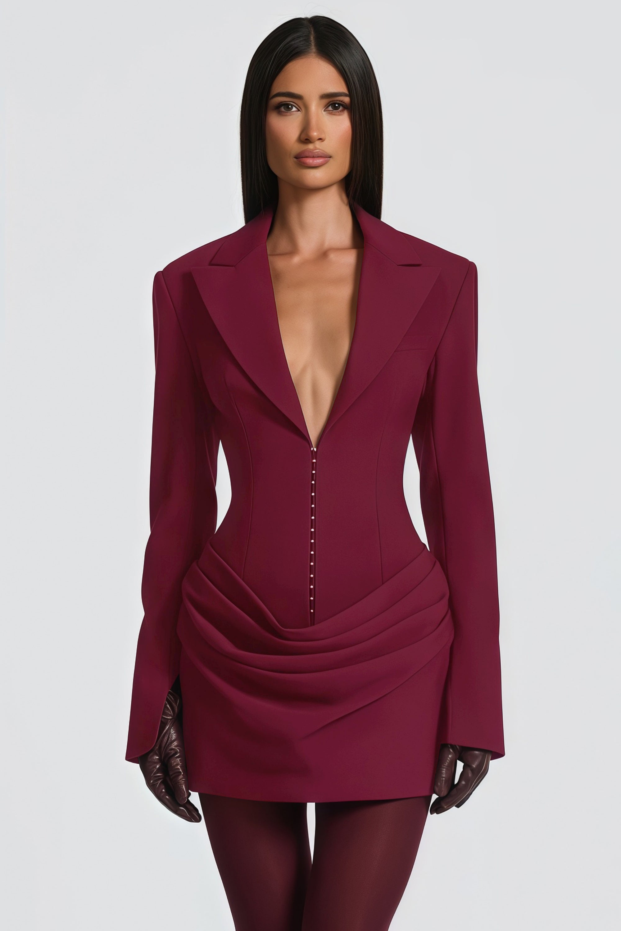 Burgundy long-sleeve blazer mini dress with a draped skirt