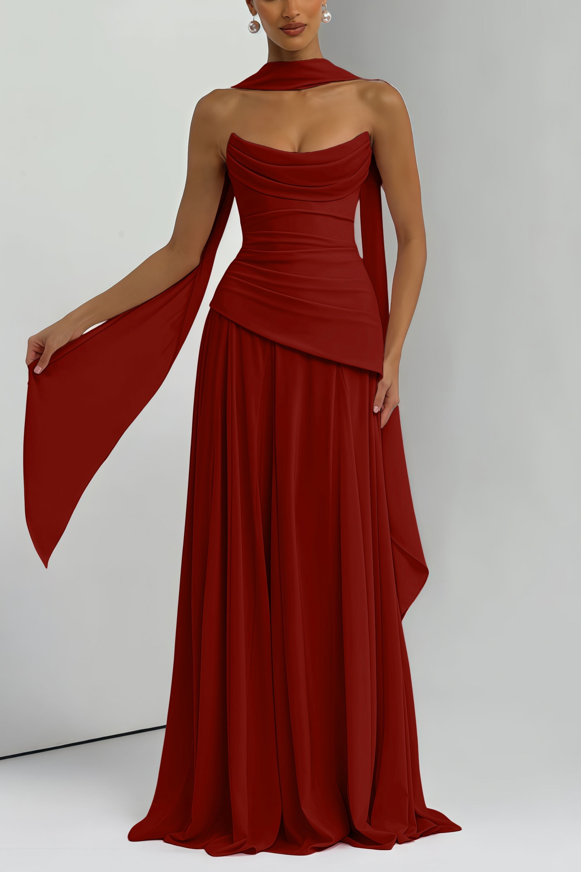 Romane Burgundy Strapless Corset Chiffon Maxi Dress (Final Sale-US Only)