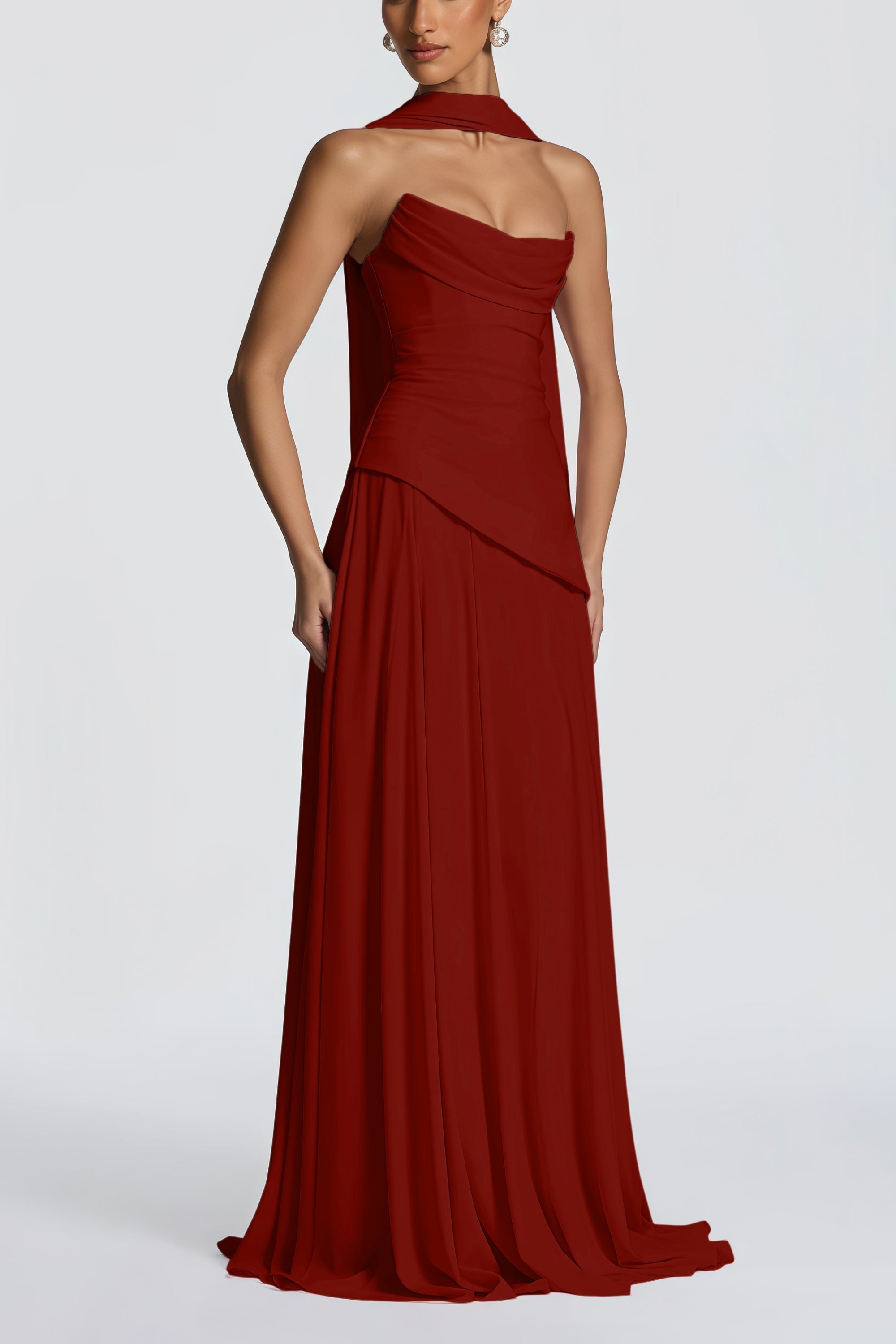 Romane Burgundy Strapless Corset Chiffon Maxi Dress (Final Sale-US Only)