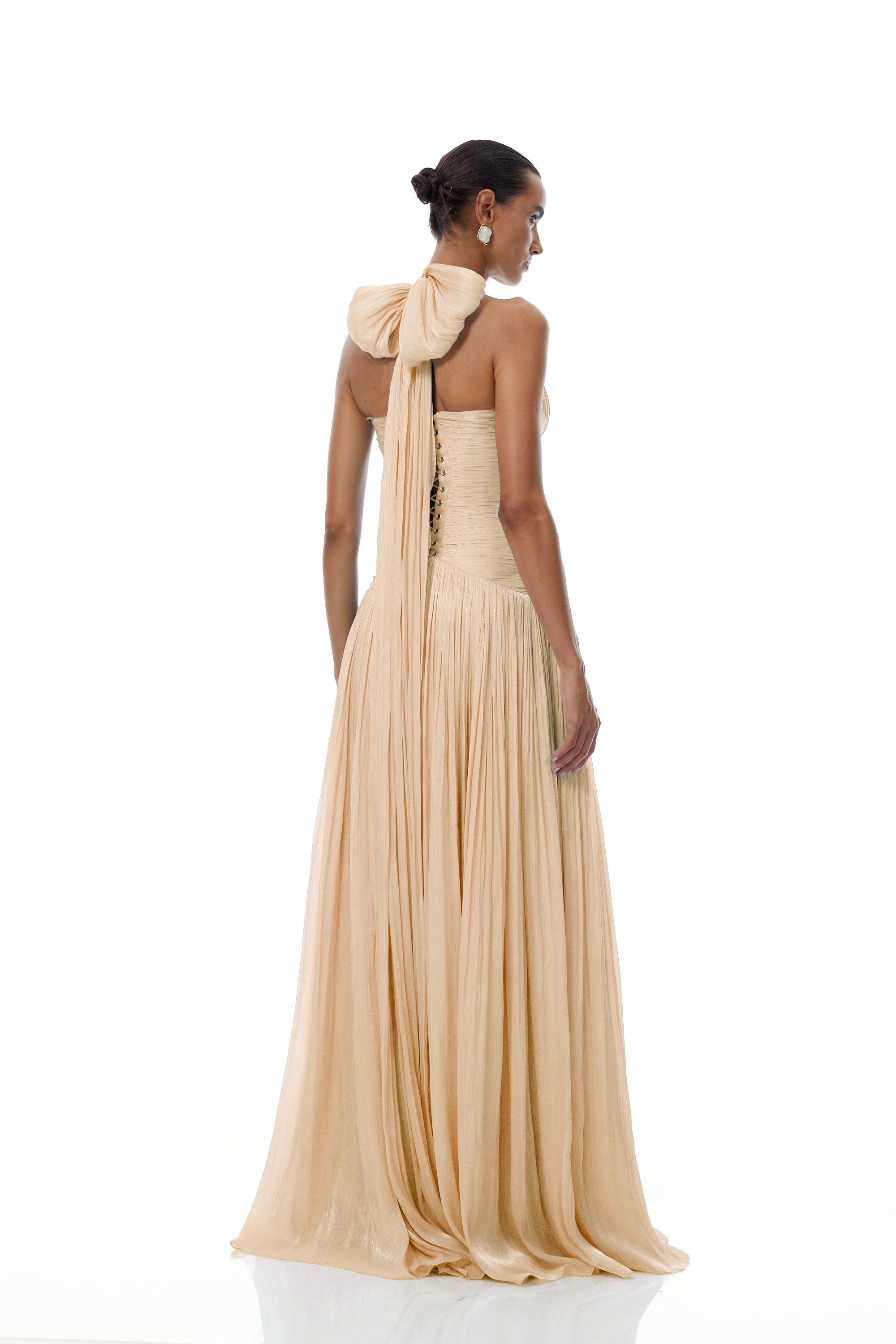 Térébenthine Neutral Glossy Gathered Maxi Dress (Final Sale-US Only)