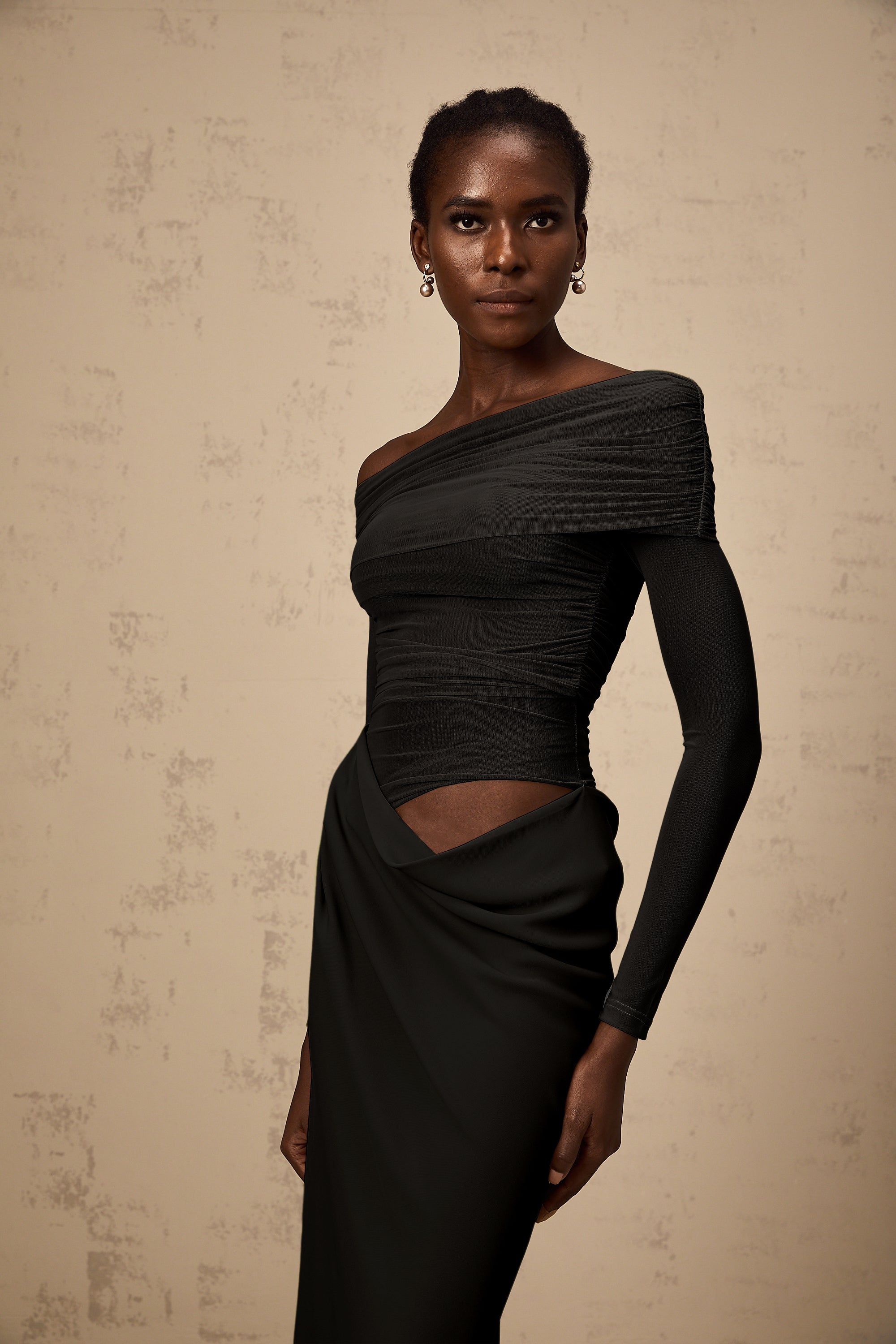 Estelle off-shoulder semi-sheer midi dress in Black (Final Sale-US Only)
