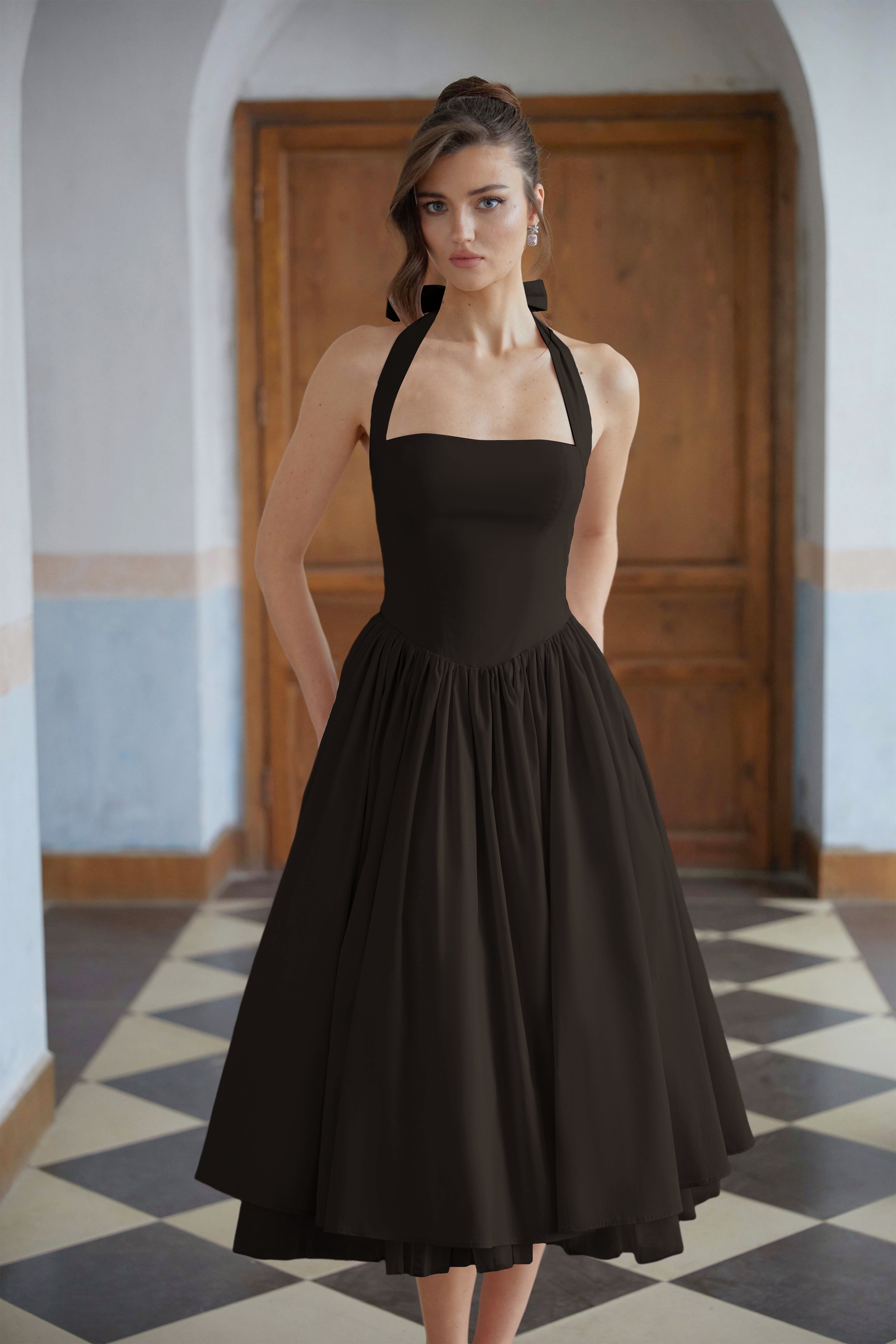 Eponine Black Layered Flared Hem Midi Dress (Final Sale-US Only)