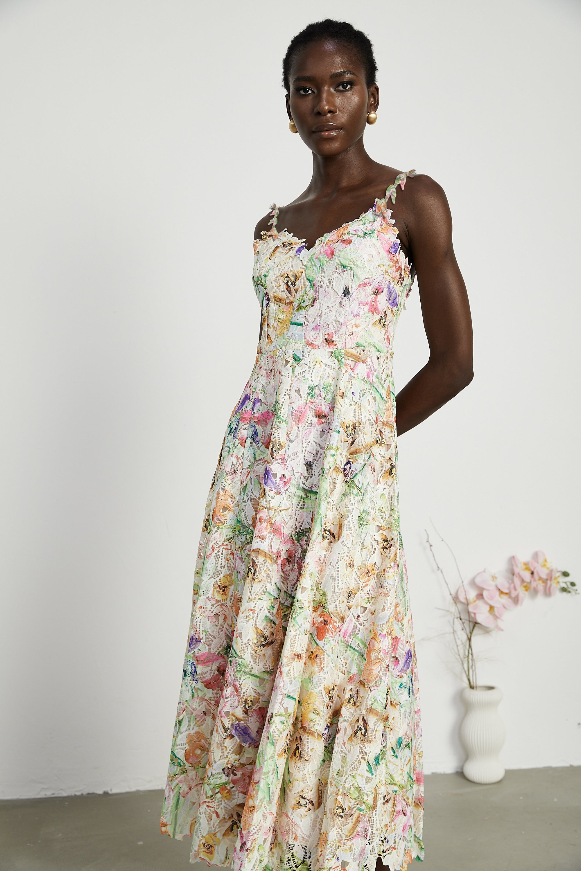 Enora Lace Floral Embroidered Midi Dress (Final Sale-US Only)