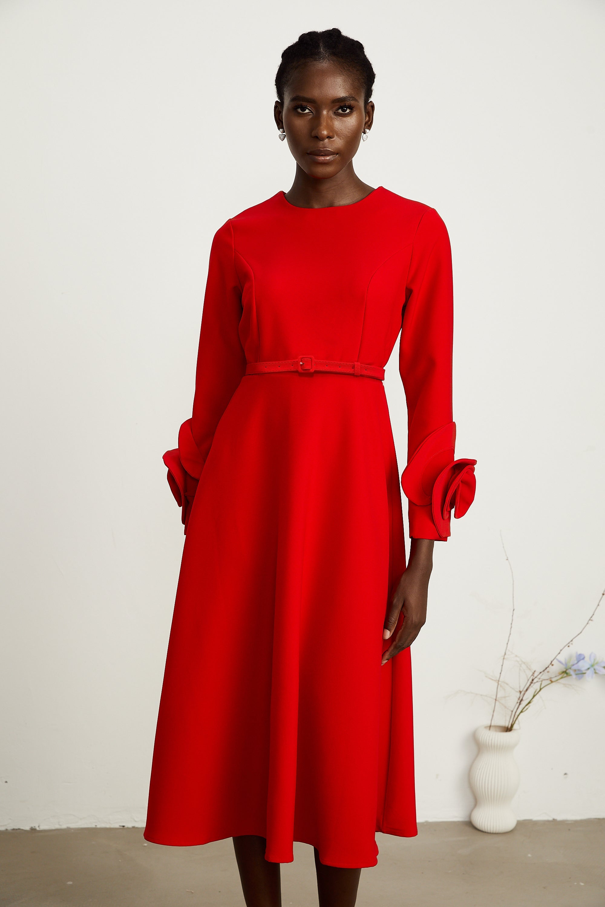 Aurelia red long-sleeve dress with floral embellishments
