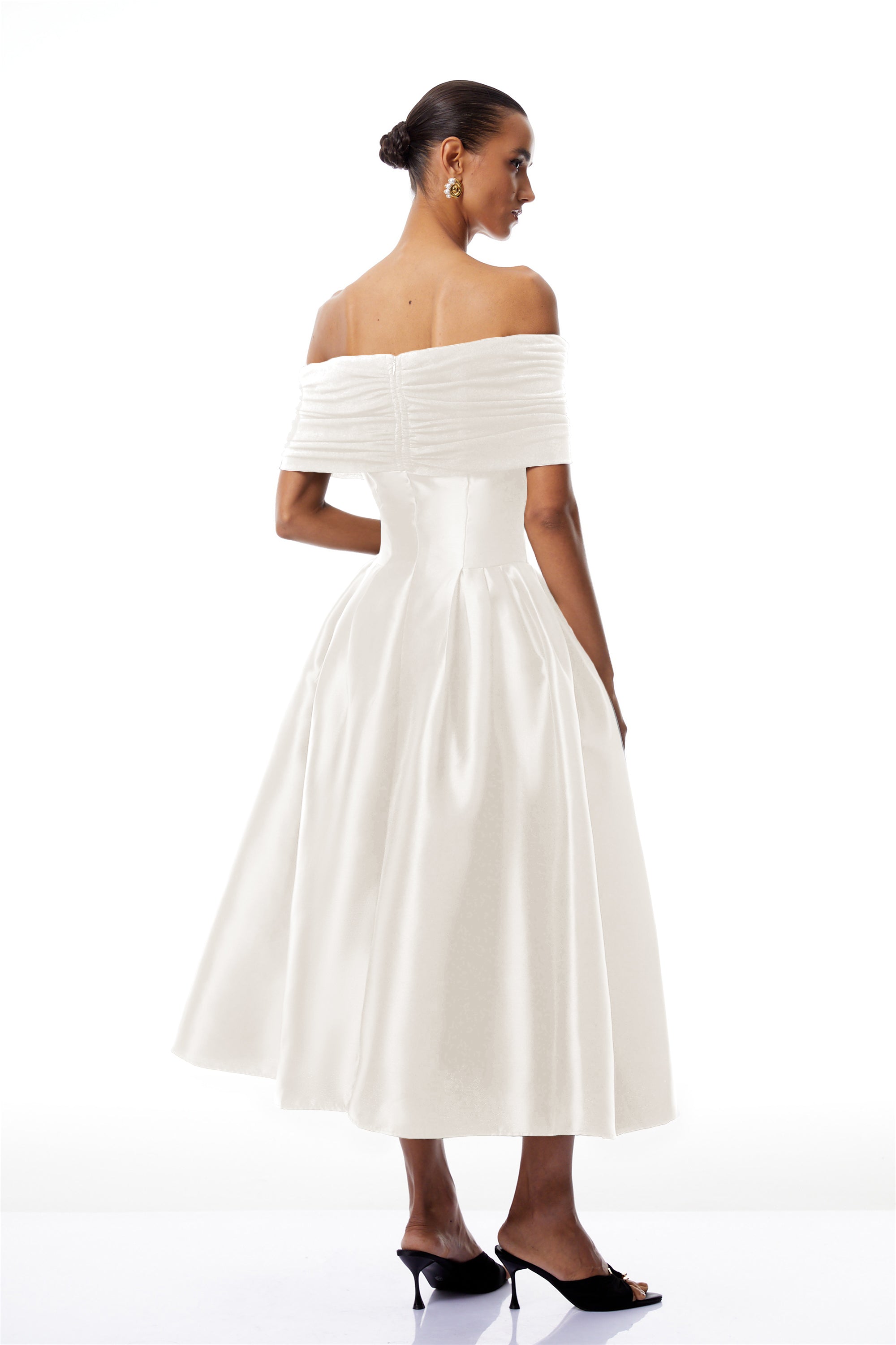White Off Shoulder Polished Midi Dress